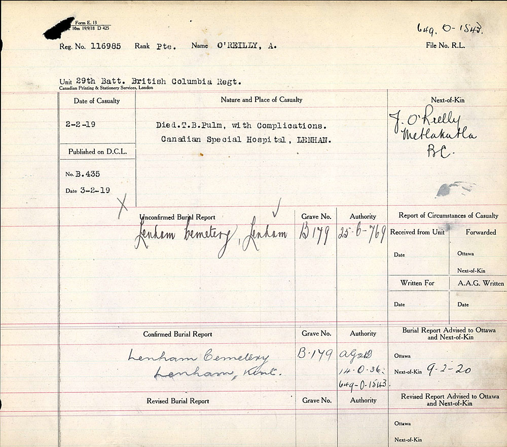 Title: Commonwealth War Graves Registers, First World War - Mikan Number: 46246 - Microform: 31830_B016660