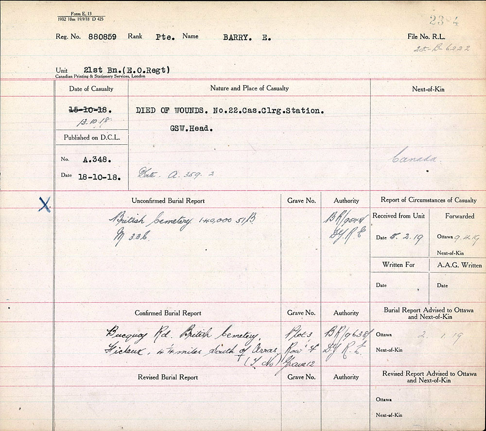 Titre : Registres de spultures de guerre du Commonwealth, Premire Guerre mondiale - N d'enregistrement Mikan : 46246 - Microforme : 31830_B016663