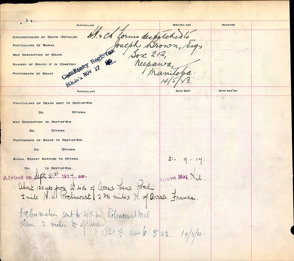 Title: Commonwealth War Graves Registers, First World War - Mikan Number: 46246 - Microform: 31830_B016665