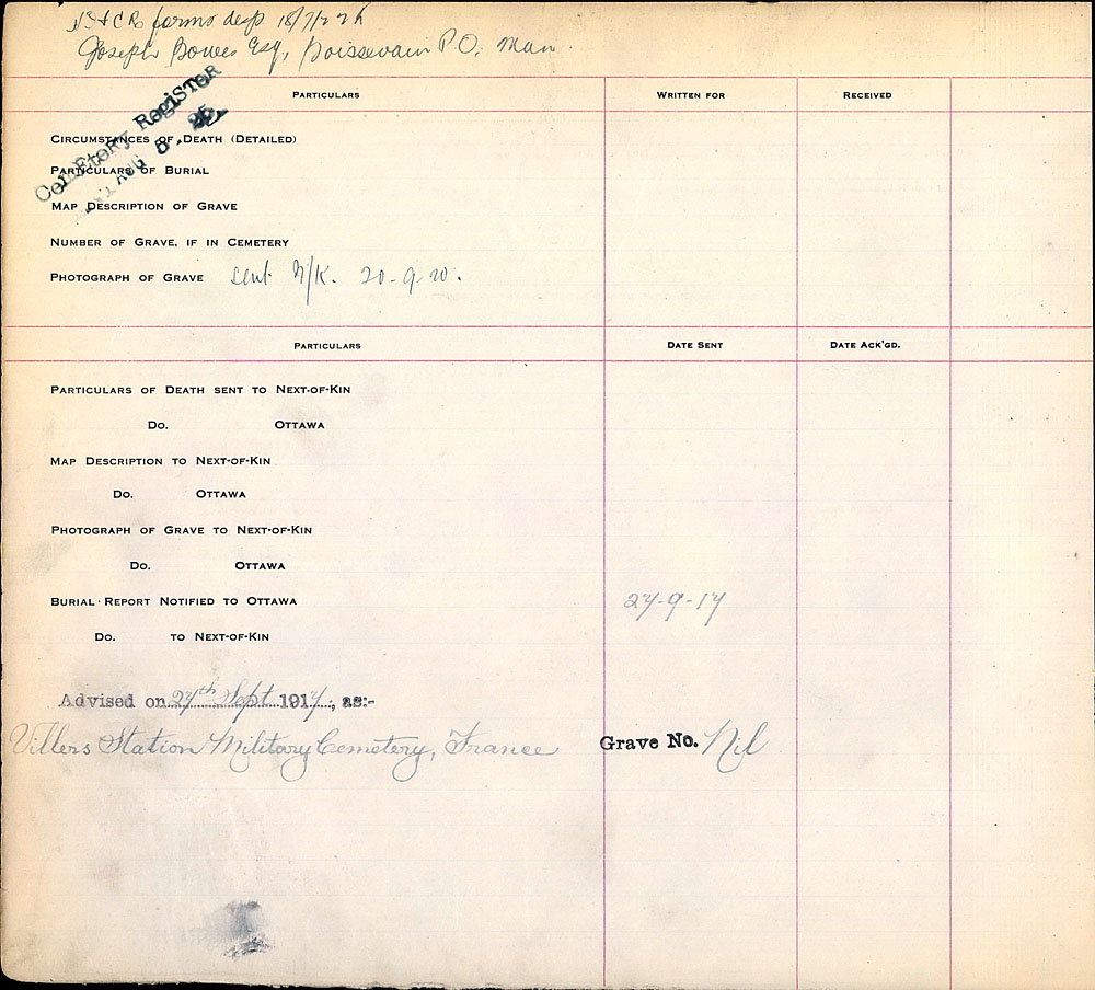 Title: Commonwealth War Graves Registers, First World War - Mikan Number: 46246 - Microform: 31830_B016667