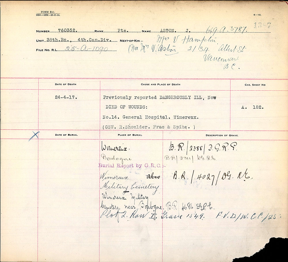 Titre : Registres de spultures de guerre du Commonwealth, Premire Guerre mondiale - N d'enregistrement Mikan : 46246 - Microforme : 31830_B016672