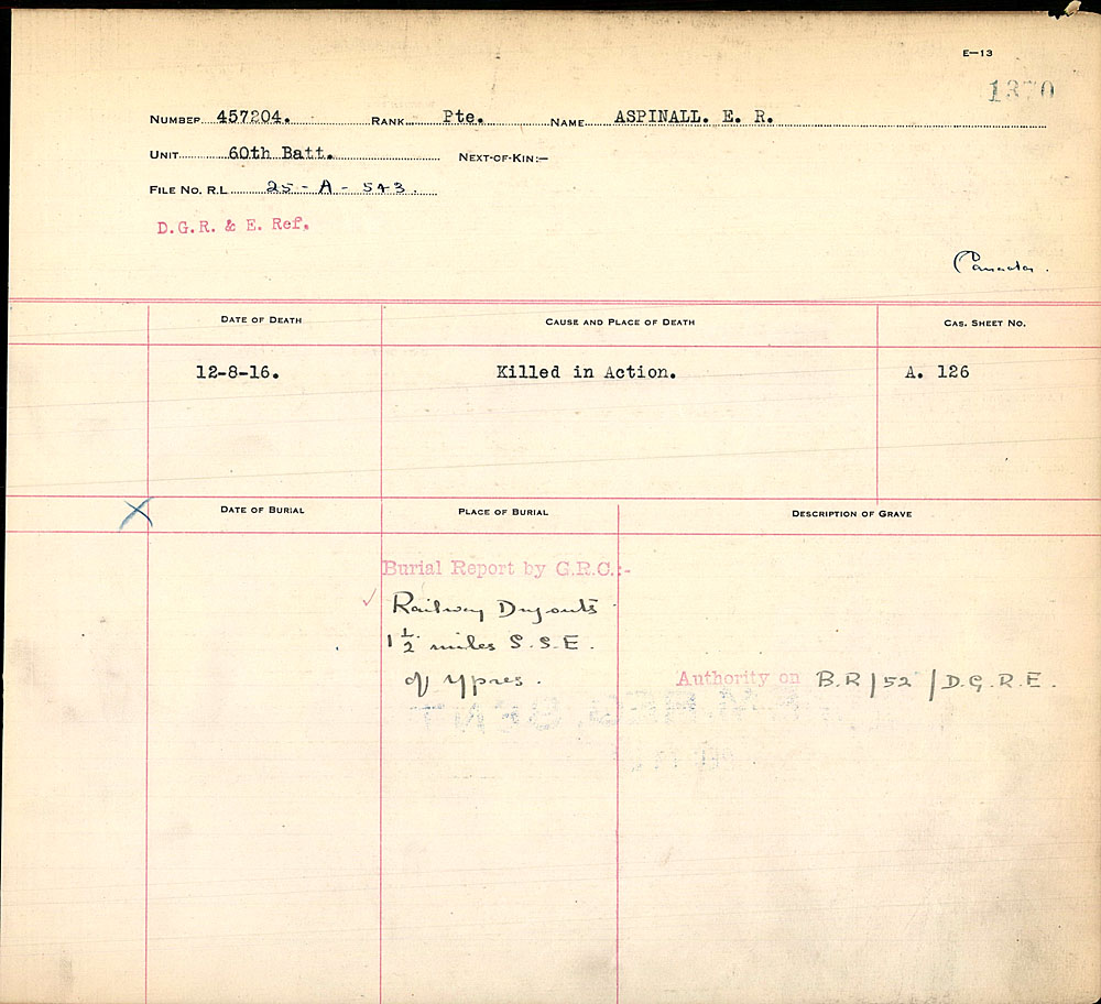Titre : Registres de spultures de guerre du Commonwealth, Premire Guerre mondiale - N d'enregistrement Mikan : 46246 - Microforme : 31830_B016674