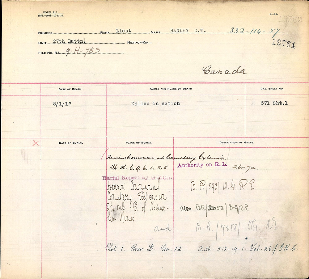Title: Commonwealth War Graves Registers, First World War - Mikan Number: 46246 - Microform: 31830_B016675