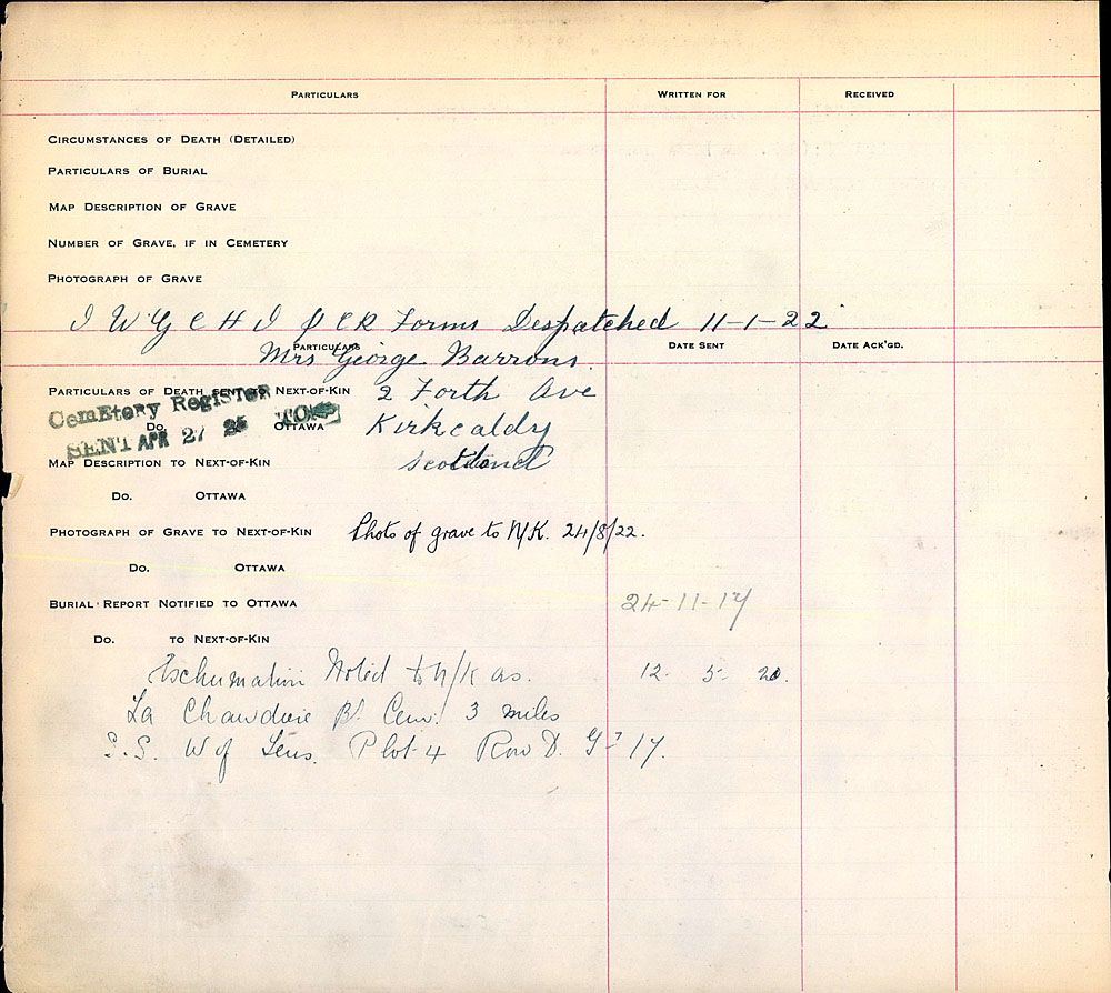 Titre : Registres de spultures de guerre du Commonwealth, Premire Guerre mondiale - N d'enregistrement Mikan : 46246 - Microforme : 31830_B016677