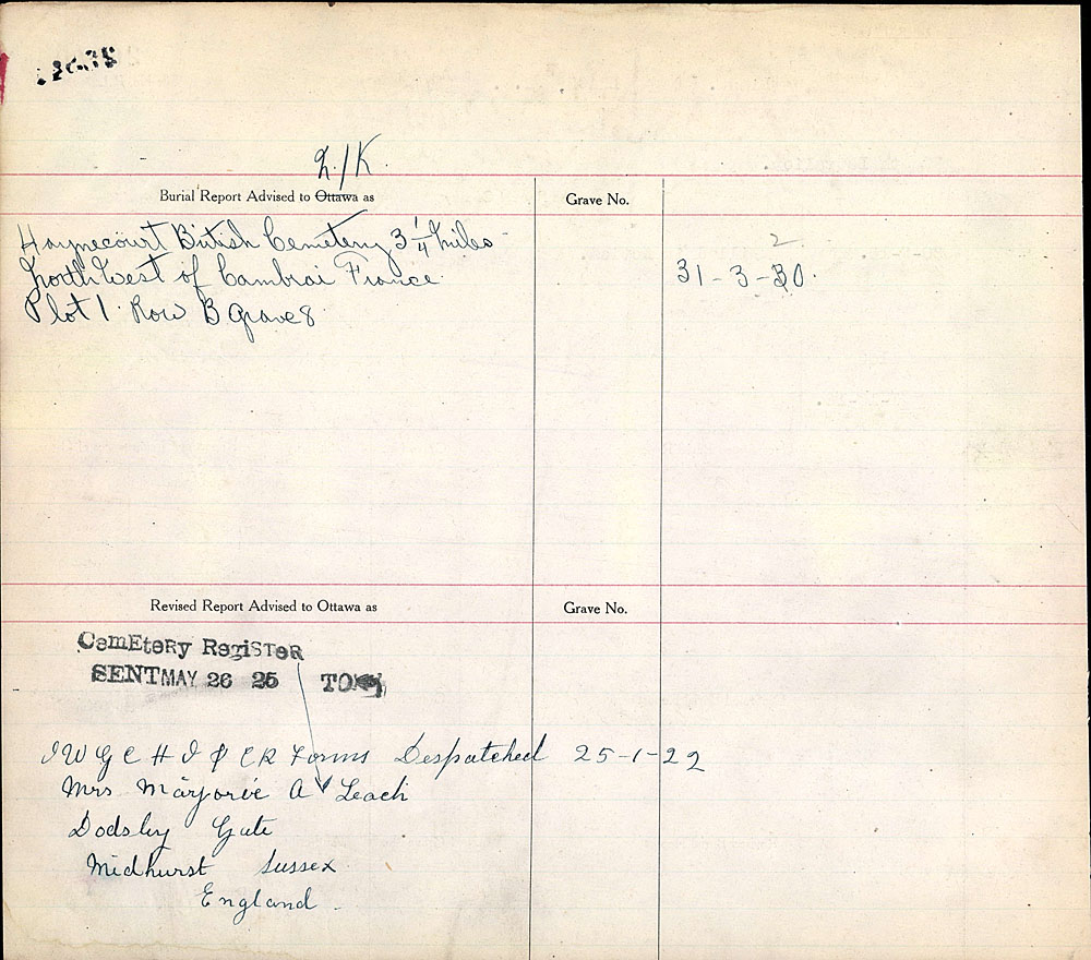 Titre : Registres de spultures de guerre du Commonwealth, Premire Guerre mondiale - N d'enregistrement Mikan : 46246 - Microforme : 31830_B034452
