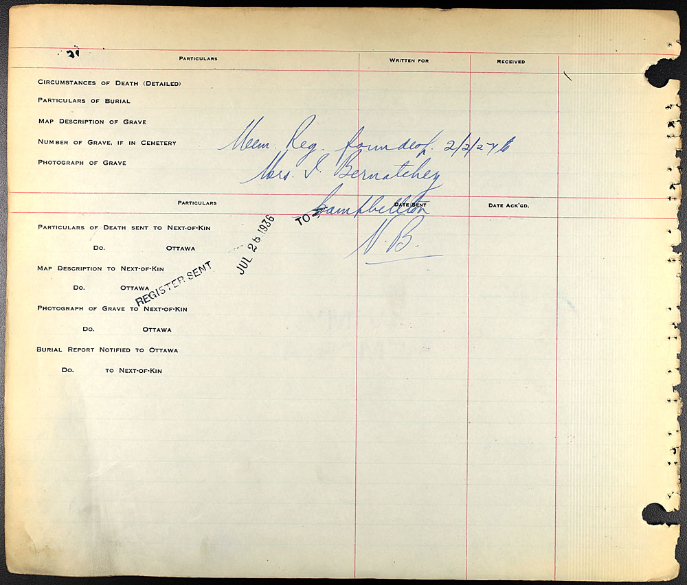 Titre : Registres de spultures de guerre du Commonwealth, Premire Guerre mondiale - N d'enregistrement Mikan : 46246 - Microforme : 31830_B034750