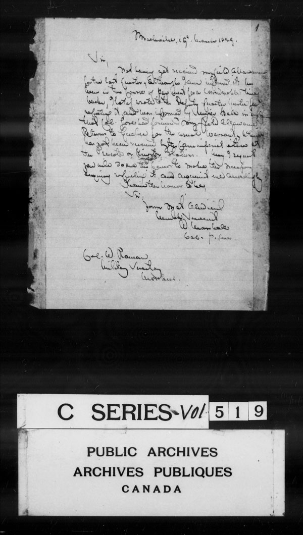 Title: British Military and Naval Records (RG 8, C Series) - DOCUMENTS - Mikan Number: 105012 - Microform: c-3063