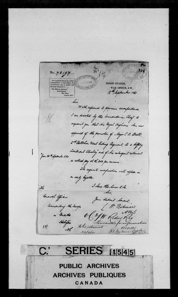Title: British Military and Naval Records (RG 8, C Series) - DOCUMENTS - Mikan Number: 105012 - Microform: c-3813