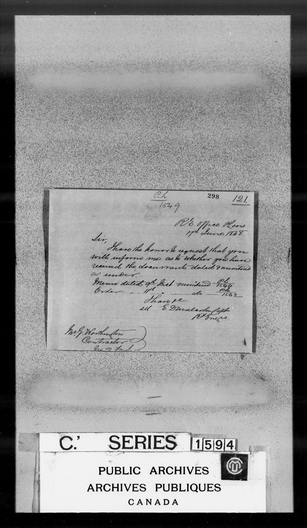 Title: British Military and Naval Records (RG 8, C Series) - DOCUMENTS - Mikan Number: 105012 - Microform: c-3825