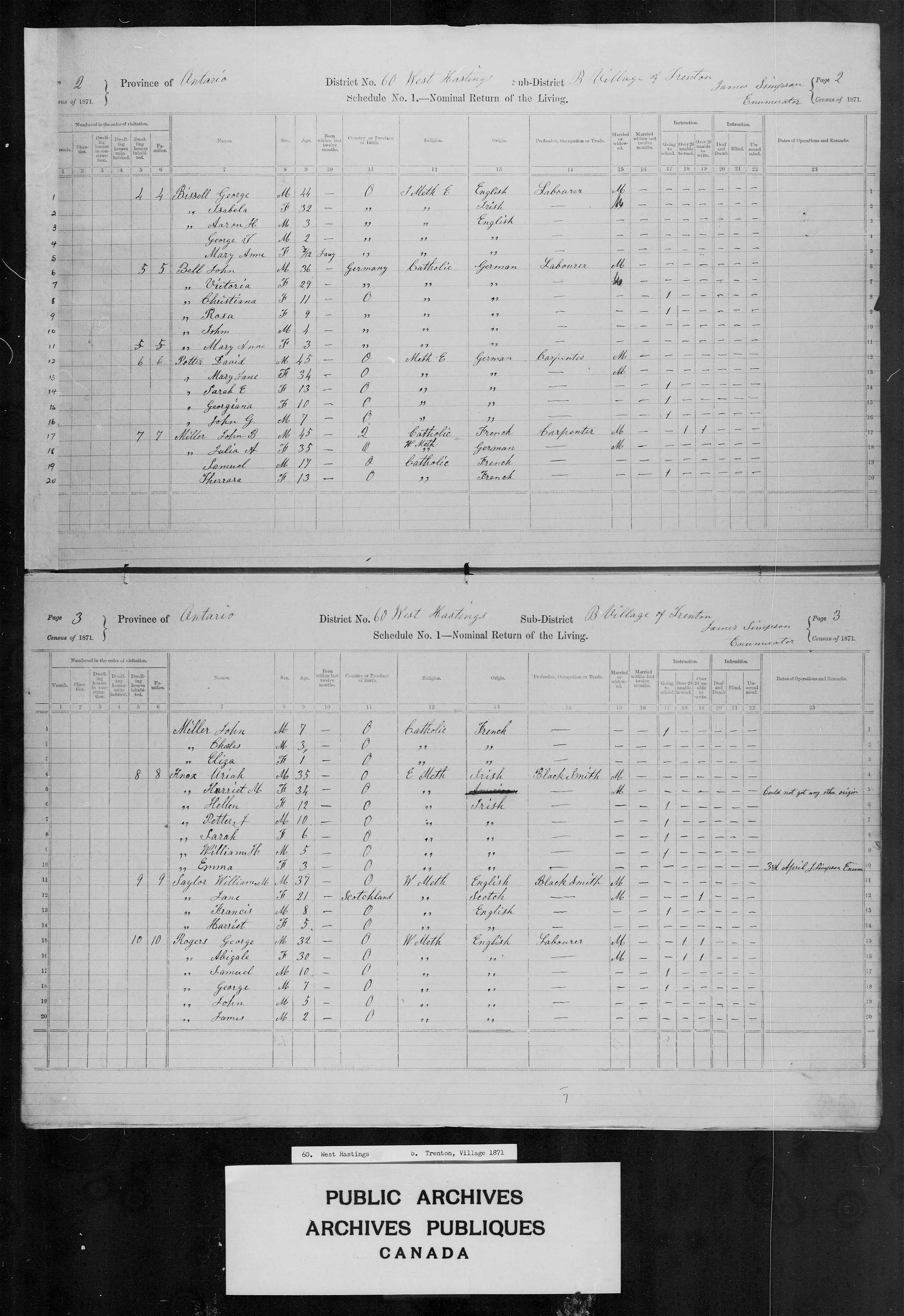 Title: Census of Canada, 1871 - Mikan Number: 142105 - Microform: c-9991