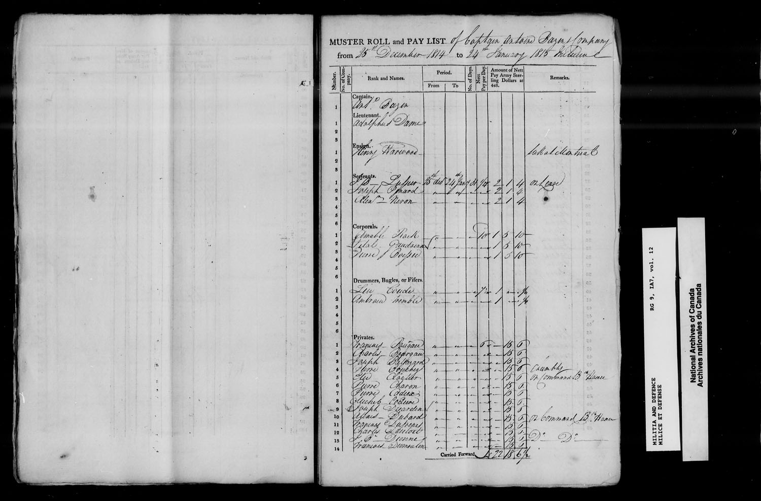 Title: War of 1812: Lower Canada Nominal Rolls and Paylists, RG 9 1A7 - Mikan Number: 133532 - Microform: t-10374