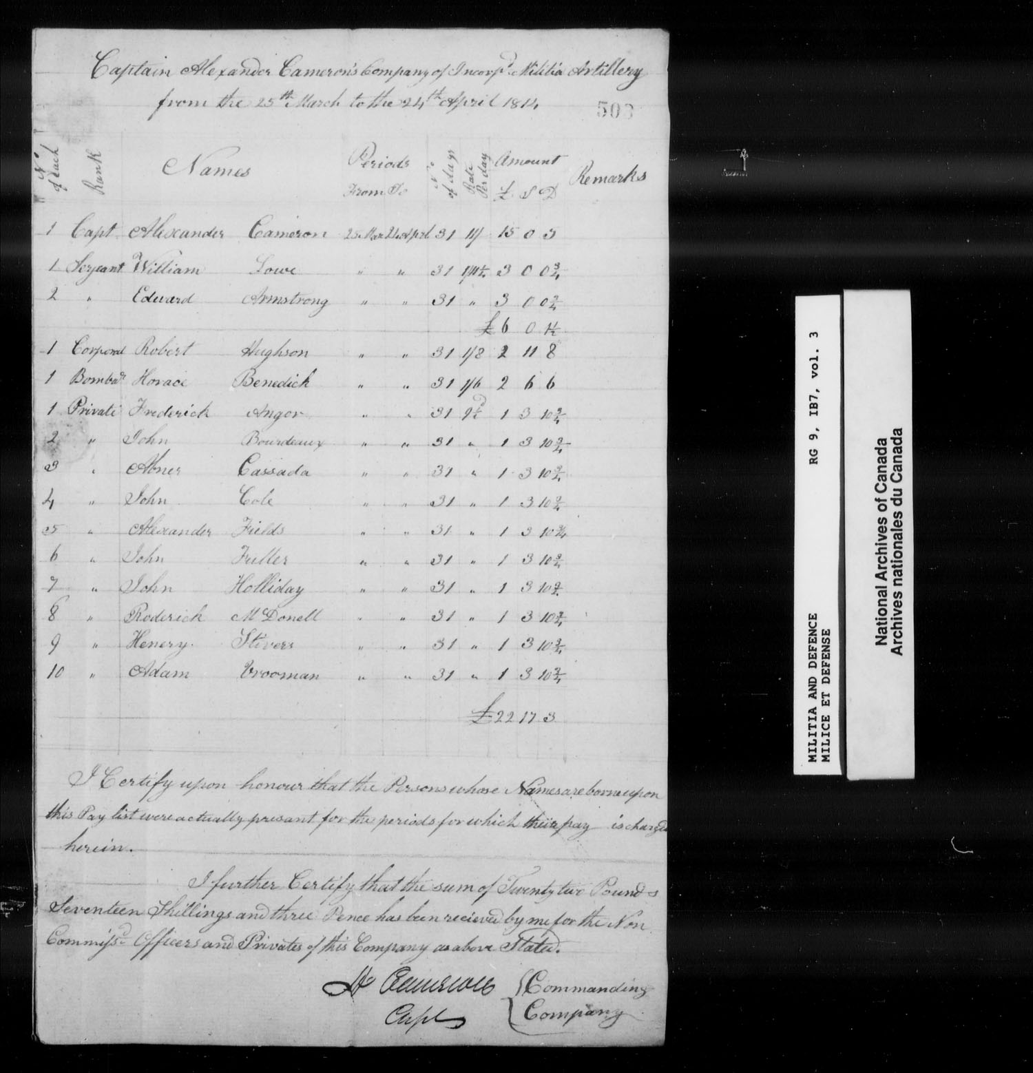 Title: War of 1812: Upper Canada Returns, Nominal Rolls and Paylists, RG 9 1B7 - Mikan Number: 183676 - Microform: t-10380