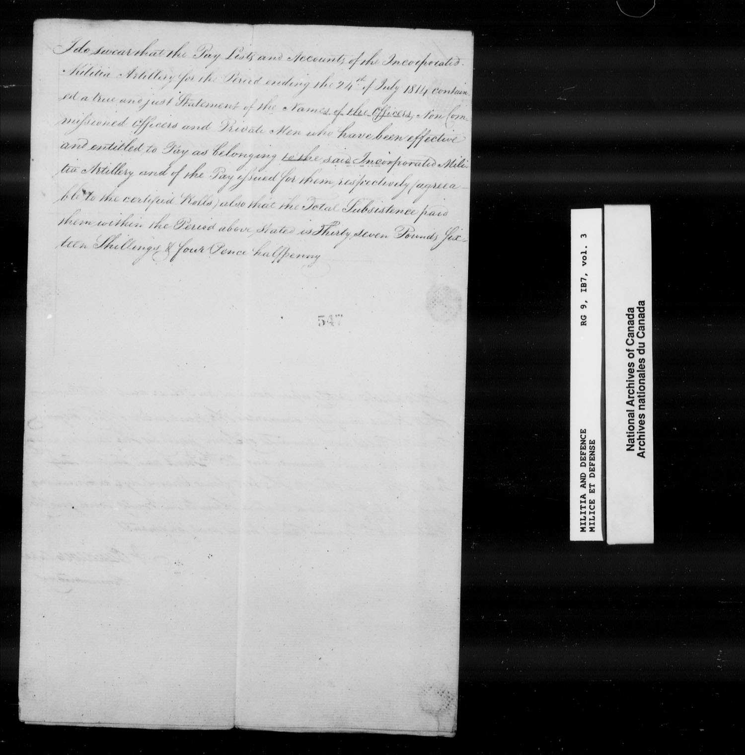 Title: War of 1812: Upper Canada Returns, Nominal Rolls and Paylists, RG 9 1B7 - Mikan Number: 183676 - Microform: t-10380