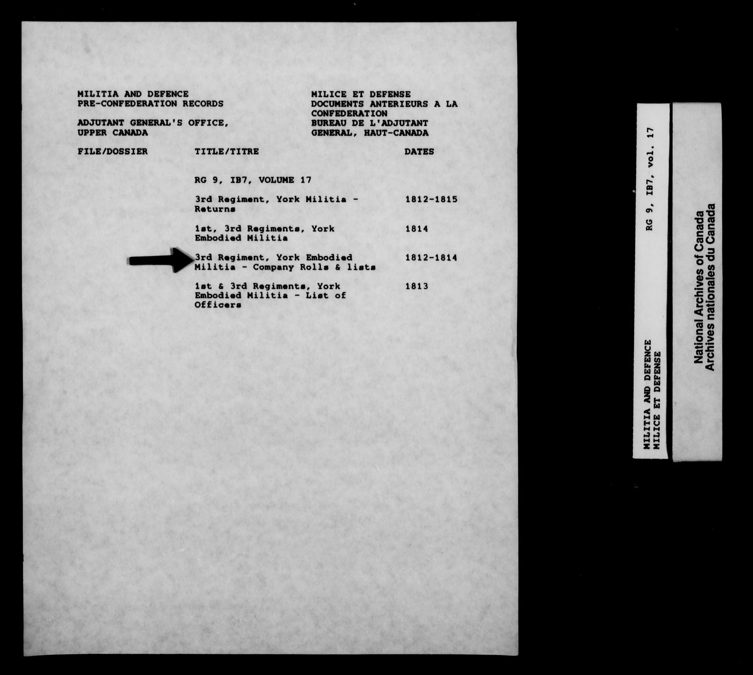 Title: War of 1812: Upper Canada Returns, Nominal Rolls and Paylists, RG 9 1B7 - Mikan Number: 183676 - Microform: t-10384