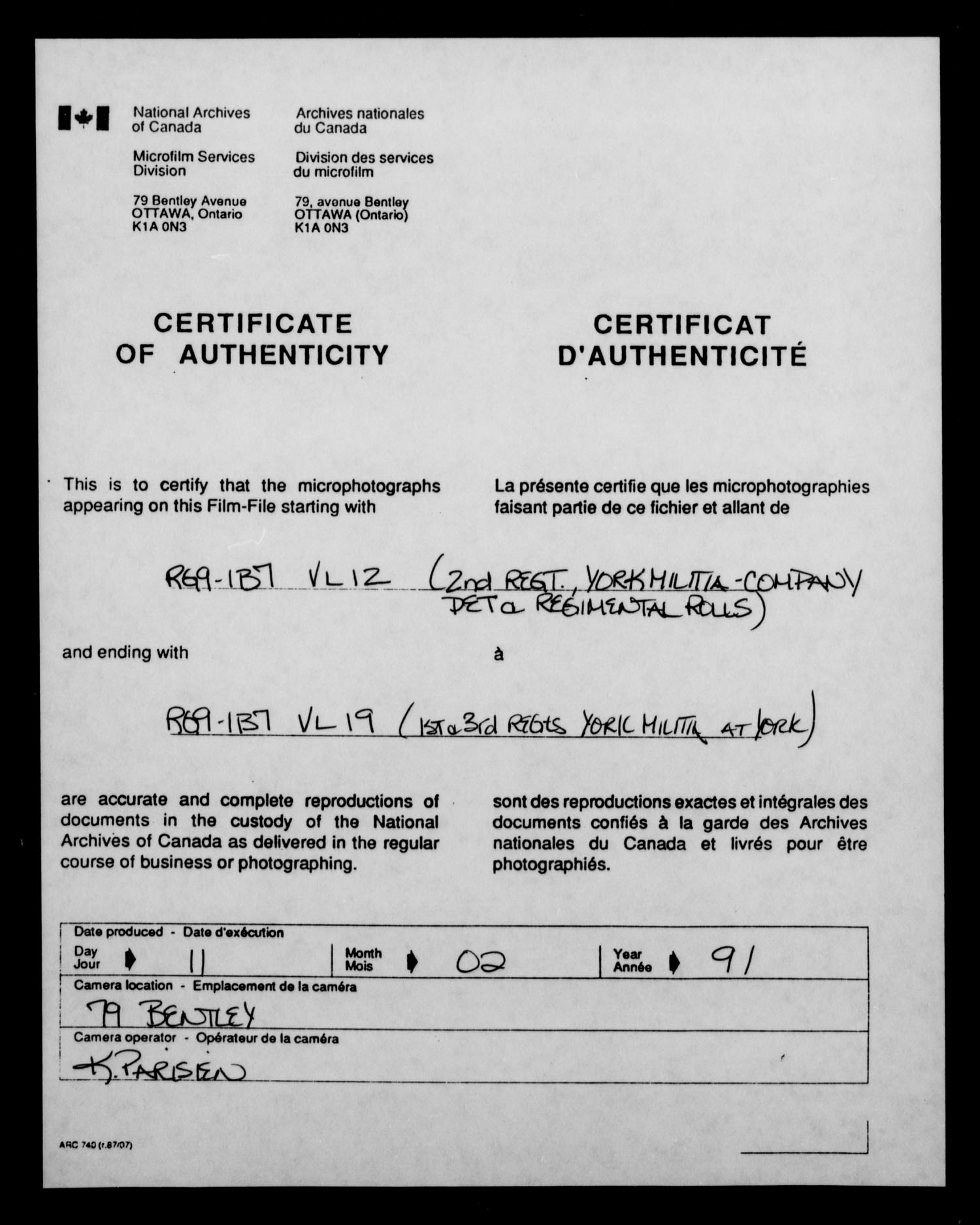 Titre : Guerre de 1812 : Haut-Canada, Recensements, contrles nominatifs et tats de solde, RG 9 1B7 - N d'enregistrement Mikan : 186035 - Microforme : t-10384