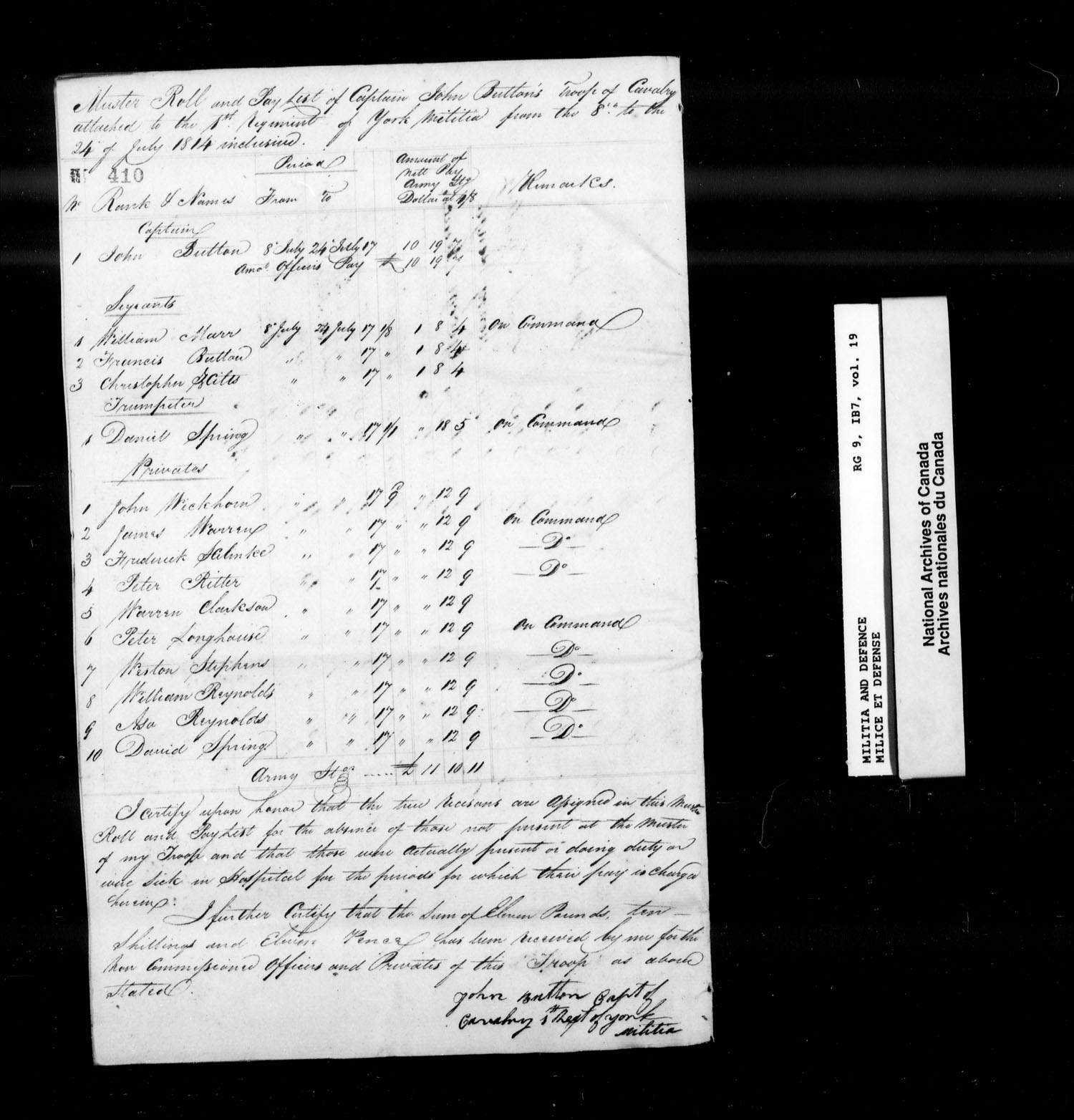 Title: War of 1812: Upper Canada Returns, Nominal Rolls and Paylists, RG 9 1B7 - Mikan Number: 183676 - Microform: t-10385