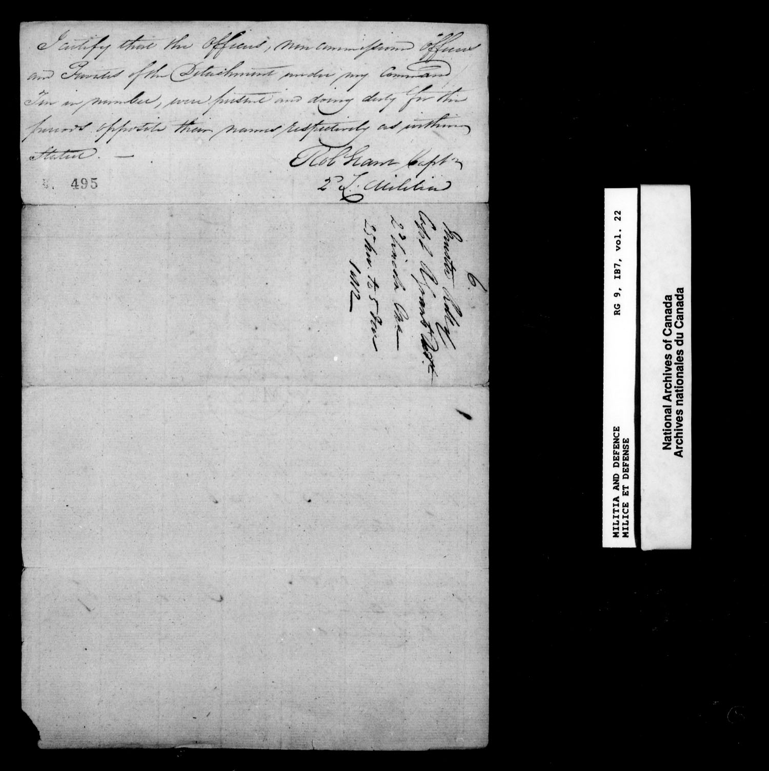 Titre : Guerre de 1812 : Haut-Canada, Recensements, contrles nominatifs et tats de solde, RG 9 1B7 - N d'enregistrement Mikan : 186035 - Microforme : t-10386