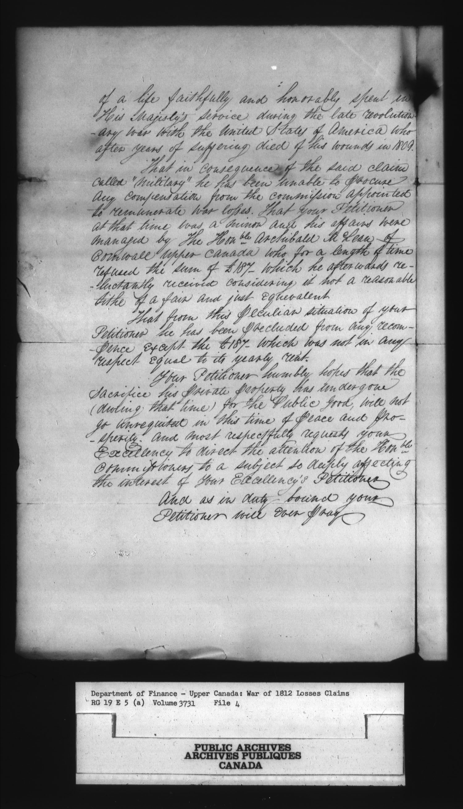 Title: War of 1812: Board of Claims for Losses, 1813-1848, RG 19 E5A - Mikan Number: 139215 - Microform: t-1123
