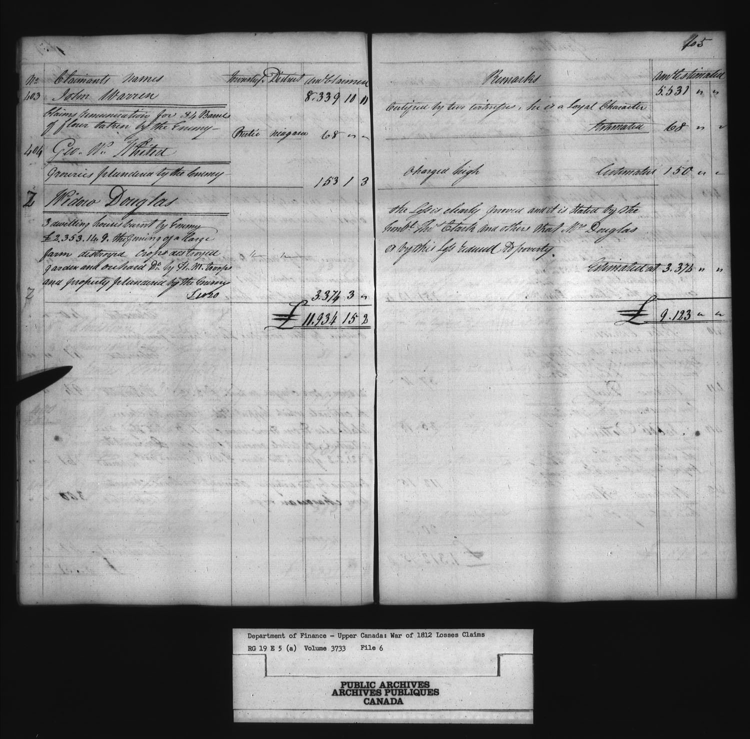 Titre : Guerre de 1812 : Commission des rclamations pour pertes subies, 1813-1848, RG 19 E5A - N d'enregistrement Mikan : 163603 - Microforme : t-1124