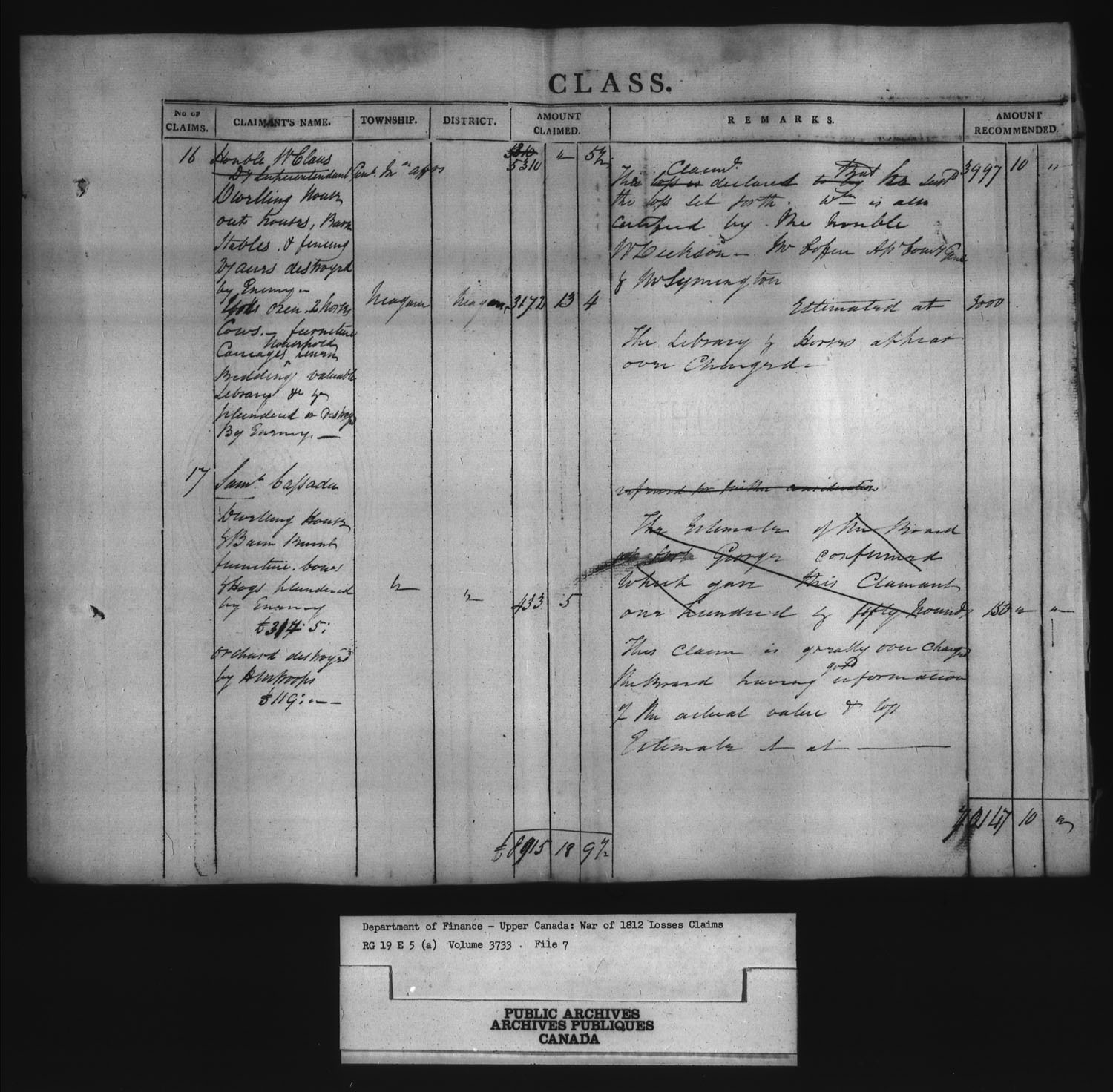 Titre : Guerre de 1812 : Commission des rclamations pour pertes subies, 1813-1848, RG 19 E5A - N d'enregistrement Mikan : 163603 - Microforme : t-1124