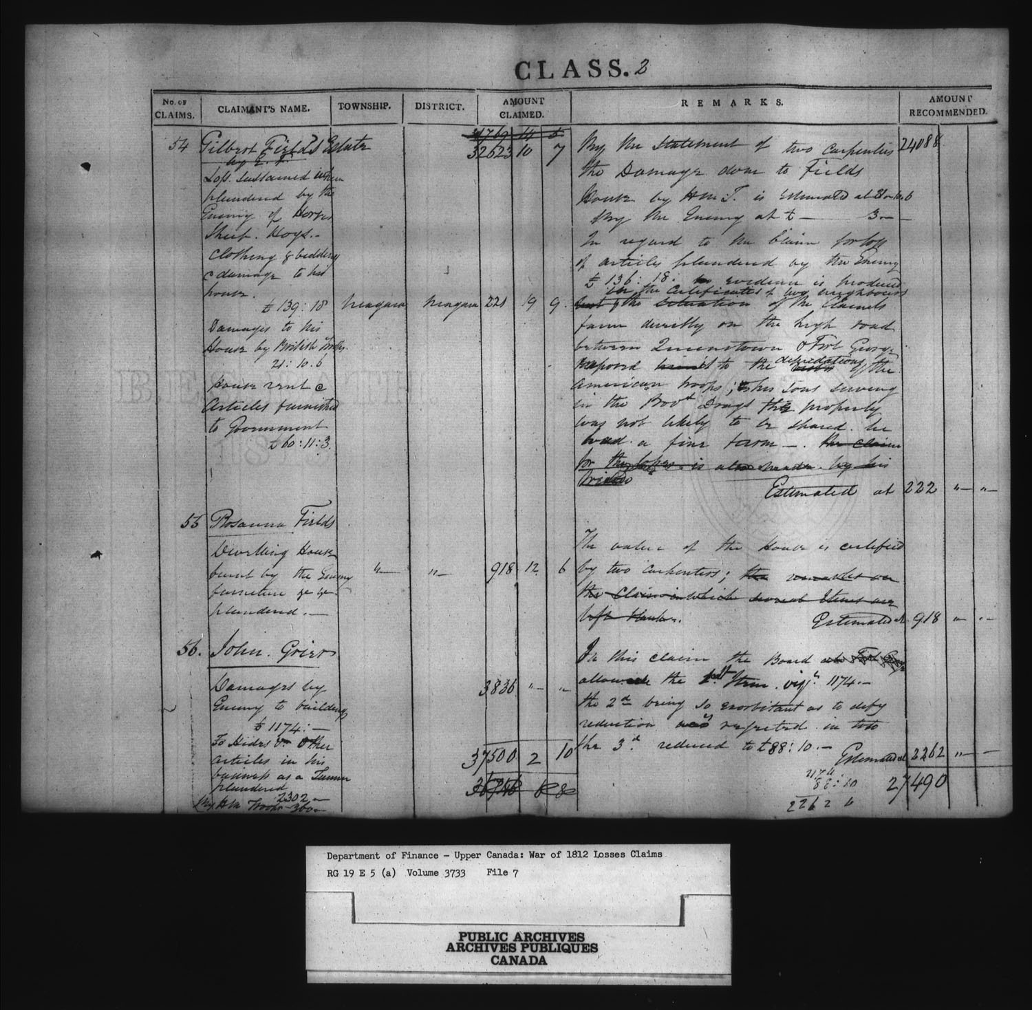 Title: War of 1812: Board of Claims for Losses, 1813-1848, RG 19 E5A - Mikan Number: 139215 - Microform: t-1124