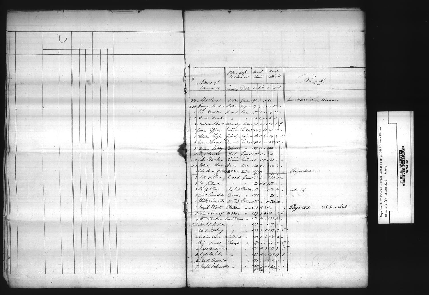 Titre : Guerre de 1812 : Commission des rclamations pour pertes subies, 1813-1848, RG 19 E5A - N d'enregistrement Mikan : 163603 - Microforme : t-1125