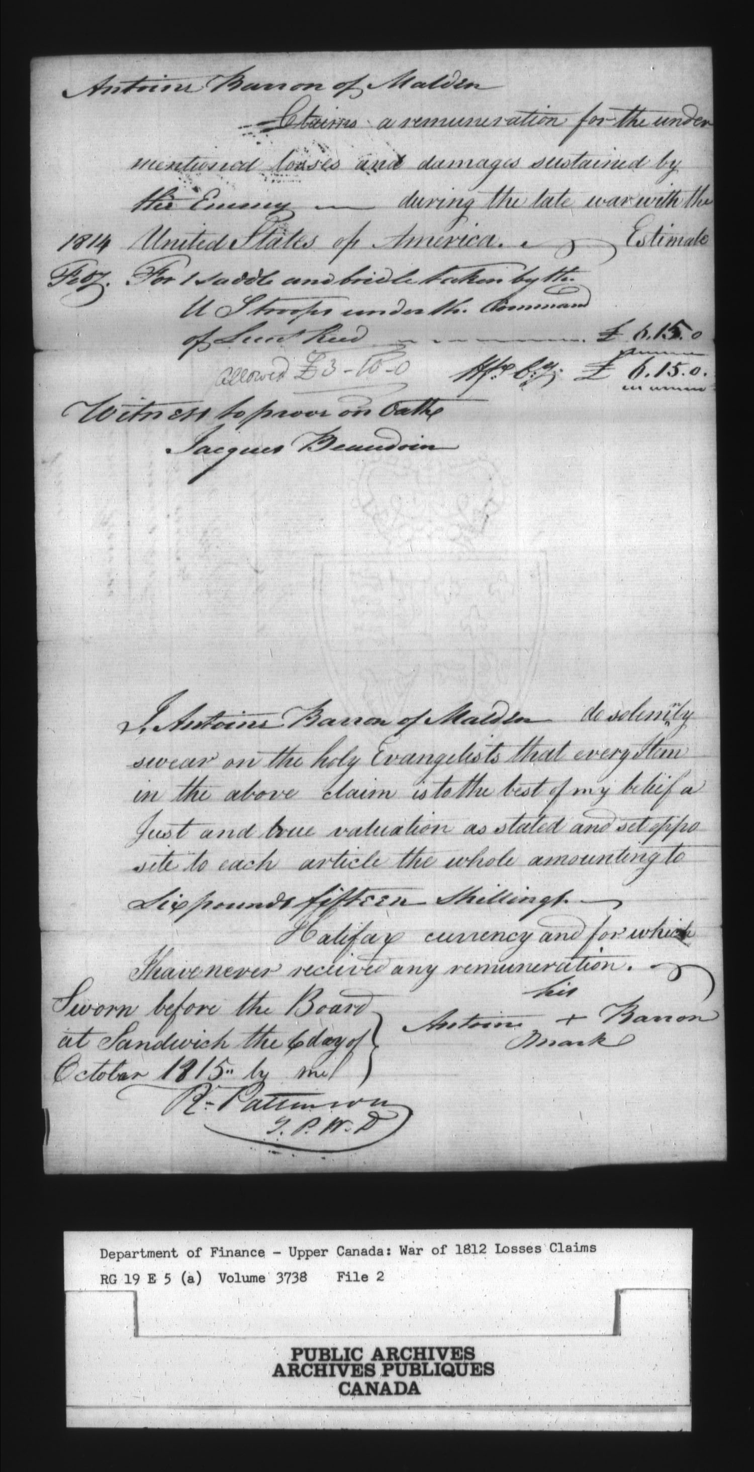 Title: War of 1812: Board of Claims for Losses, 1813-1848, RG 19 E5A - Mikan Number: 139215 - Microform: t-1126