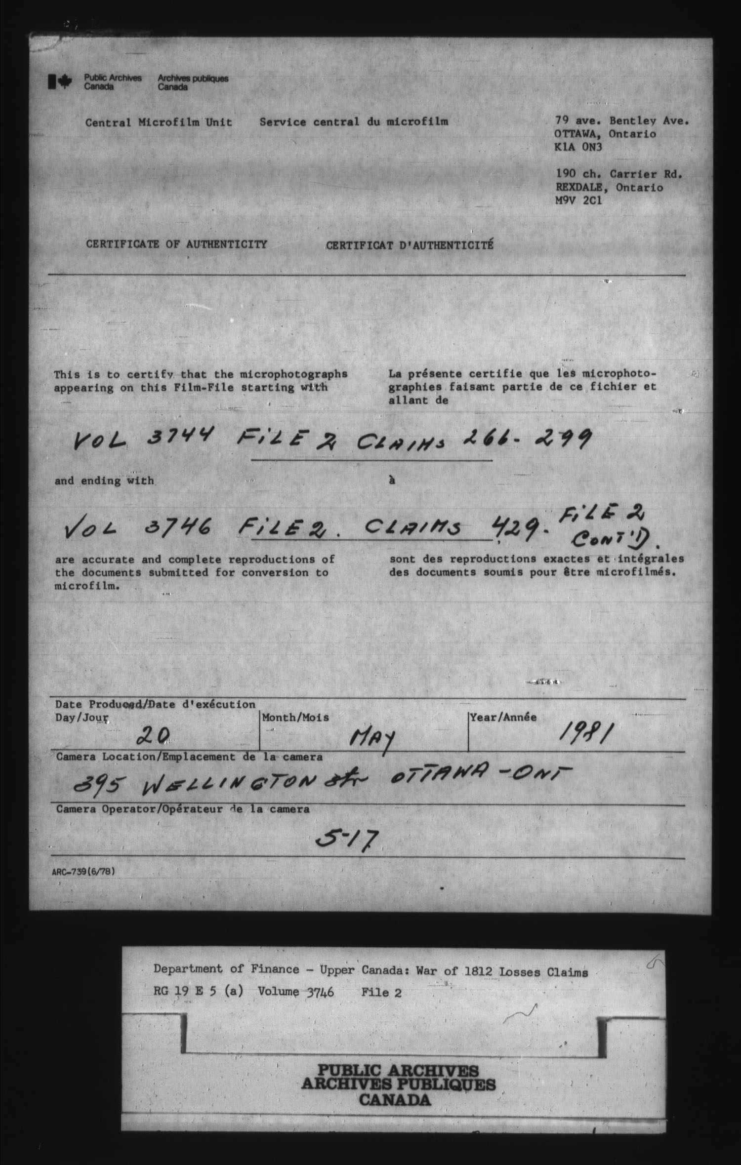 Title: War of 1812: Board of Claims for Losses, 1813-1848, RG 19 E5A - Mikan Number: 139215 - Microform: t-1129