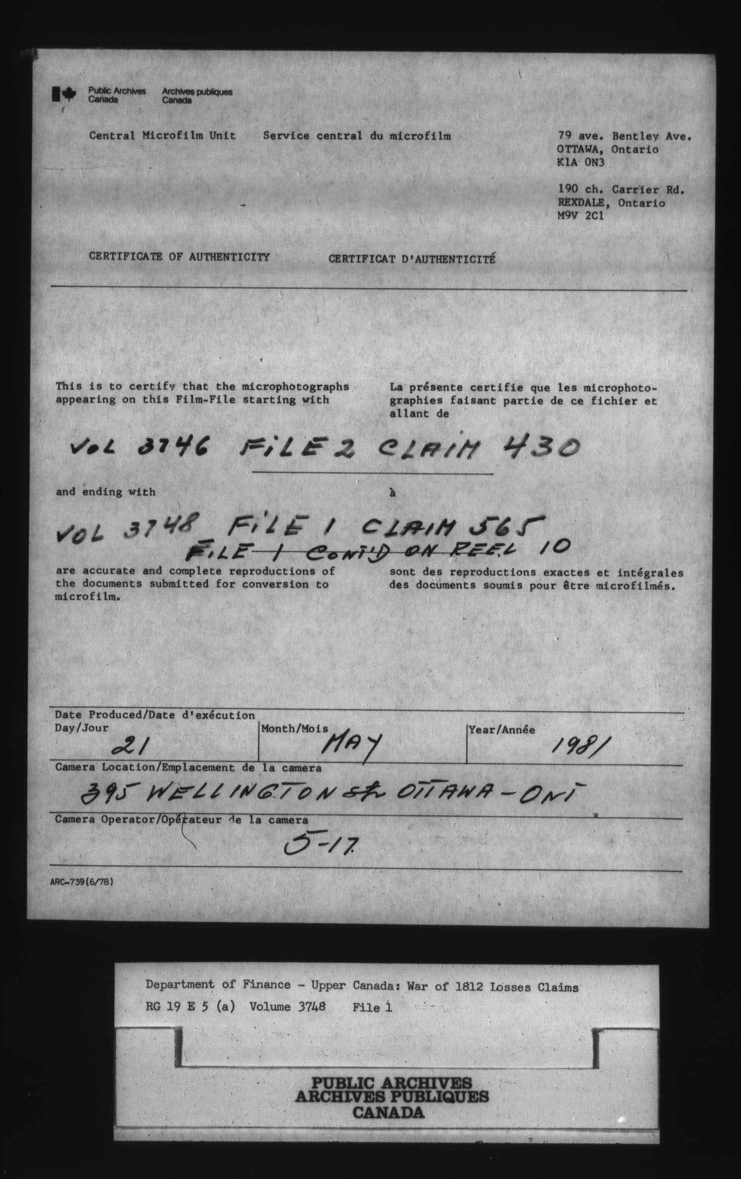 Title: War of 1812: Board of Claims for Losses, 1813-1848, RG 19 E5A - Mikan Number: 139215 - Microform: t-1130