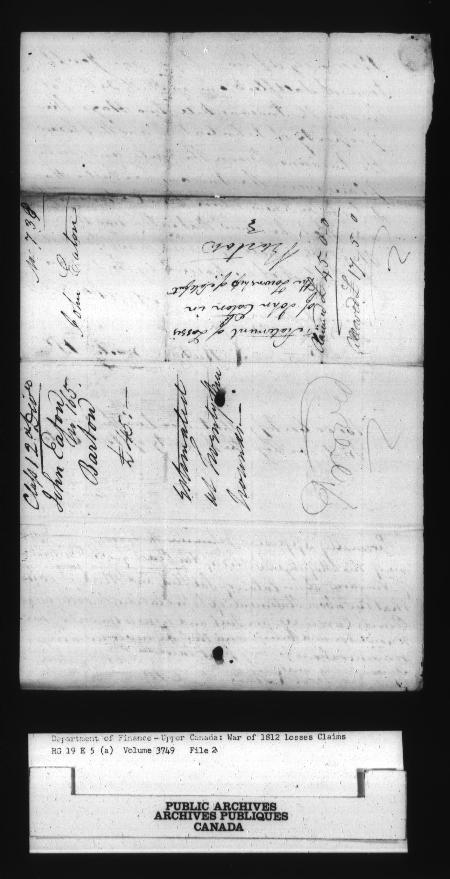 Title: War of 1812: Board of Claims for Losses, 1813-1848, RG 19 E5A - Mikan Number: 139215 - Microform: t-1131