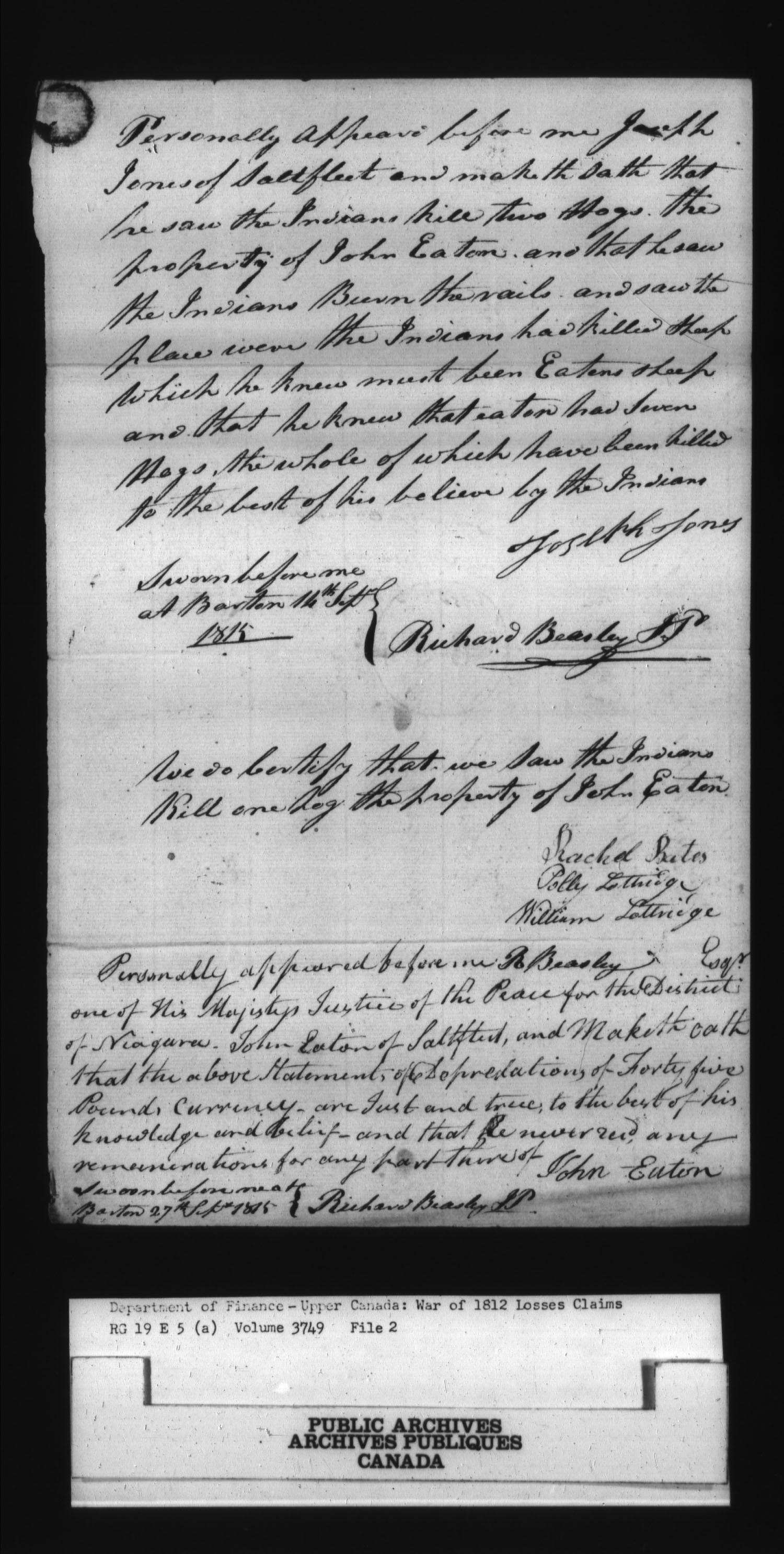 Title: War of 1812: Board of Claims for Losses, 1813-1848, RG 19 E5A - Mikan Number: 139215 - Microform: t-1131