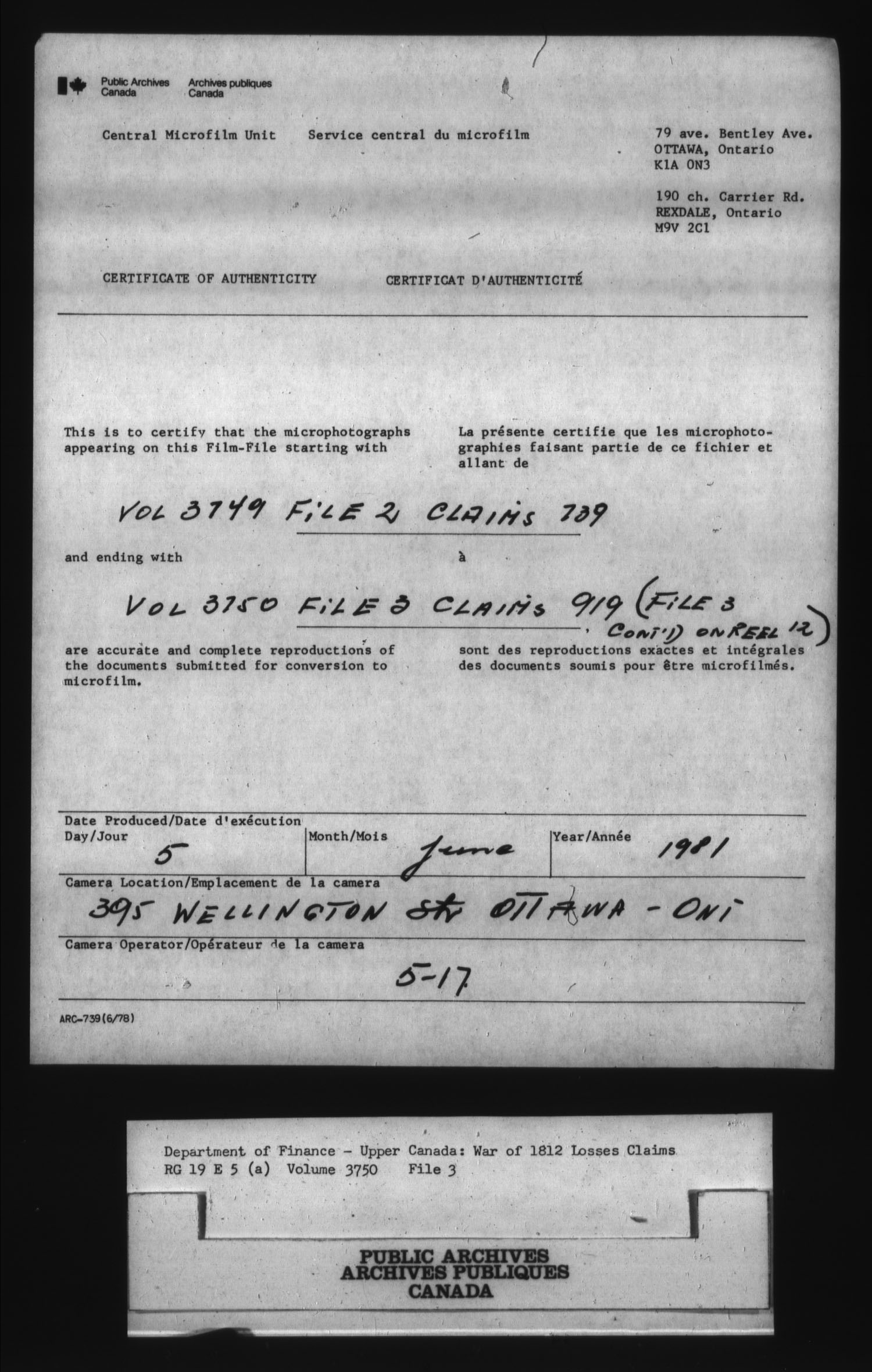 Title: War of 1812: Board of Claims for Losses, 1813-1848, RG 19 E5A - Mikan Number: 139215 - Microform: t-1132