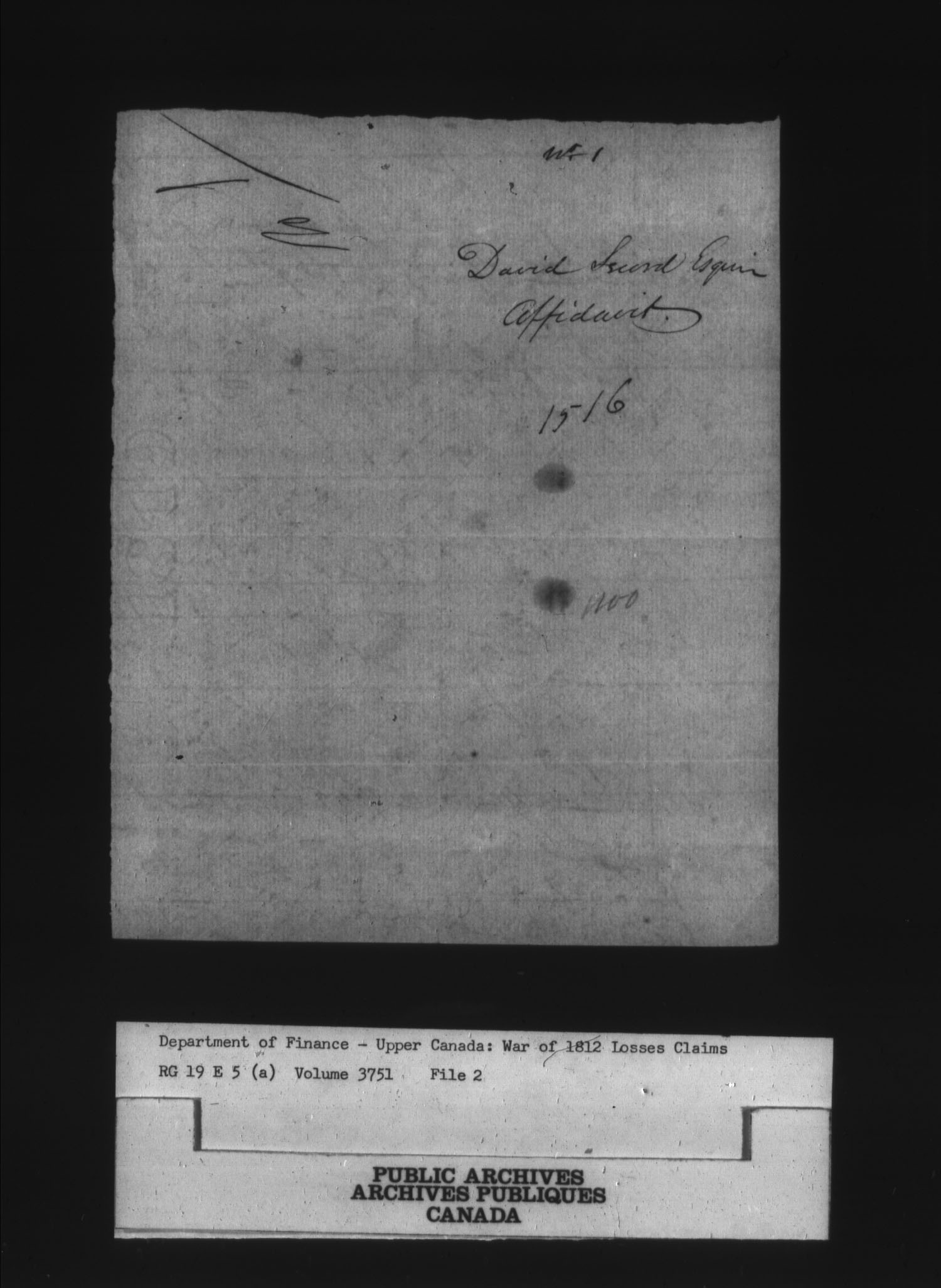 Title: War of 1812: Board of Claims for Losses, 1813-1848, RG 19 E5A - Mikan Number: 139215 - Microform: t-1133