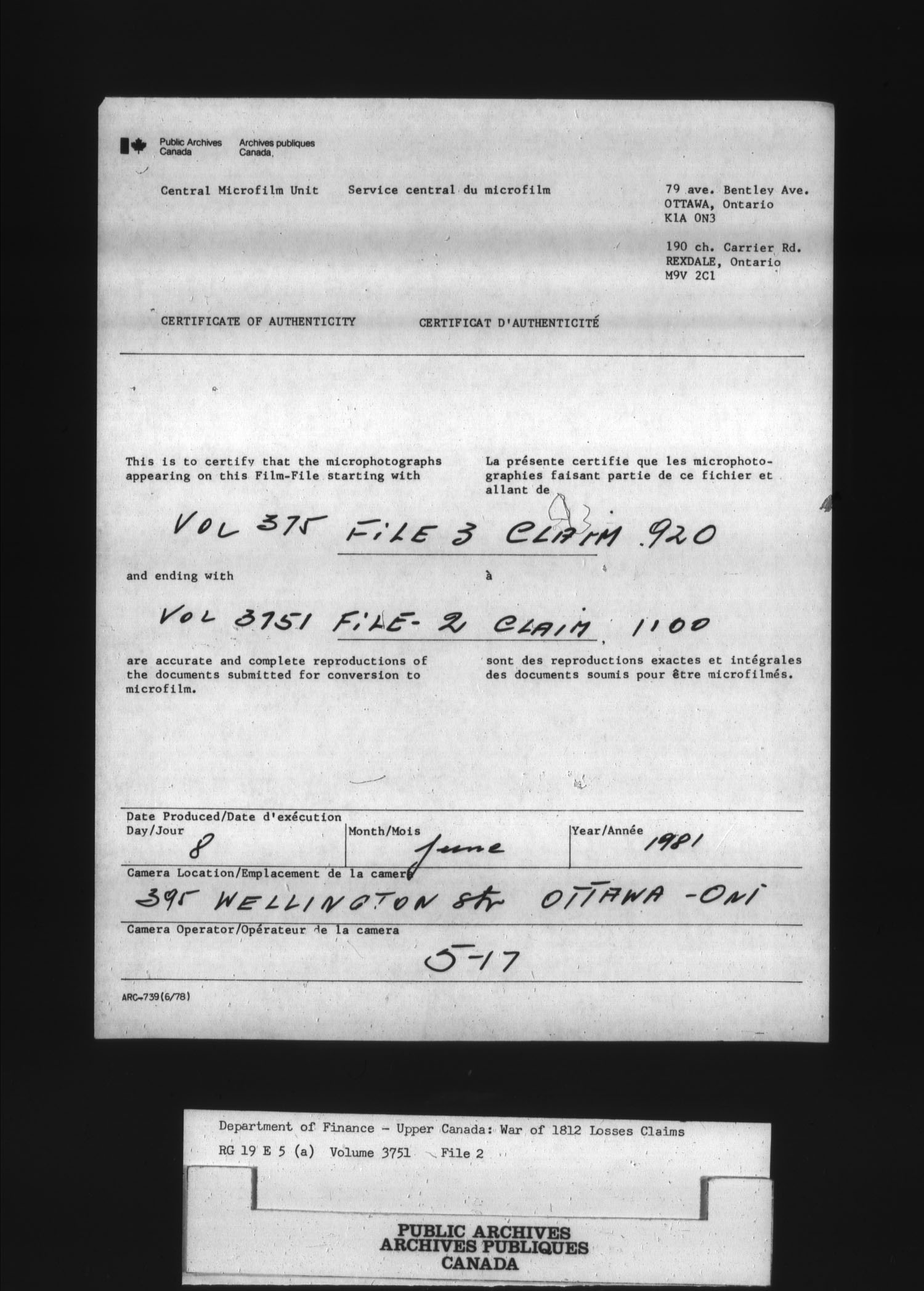 Title: War of 1812: Board of Claims for Losses, 1813-1848, RG 19 E5A - Mikan Number: 139215 - Microform: t-1133