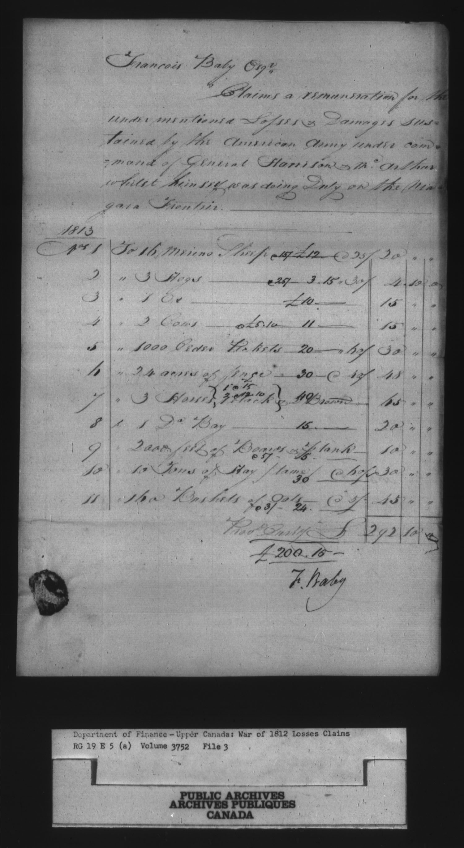 Titre : Guerre de 1812 : Commission des rclamations pour pertes subies, 1813-1848, RG 19 E5A - N d'enregistrement Mikan : 163603 - Microforme : t-1134