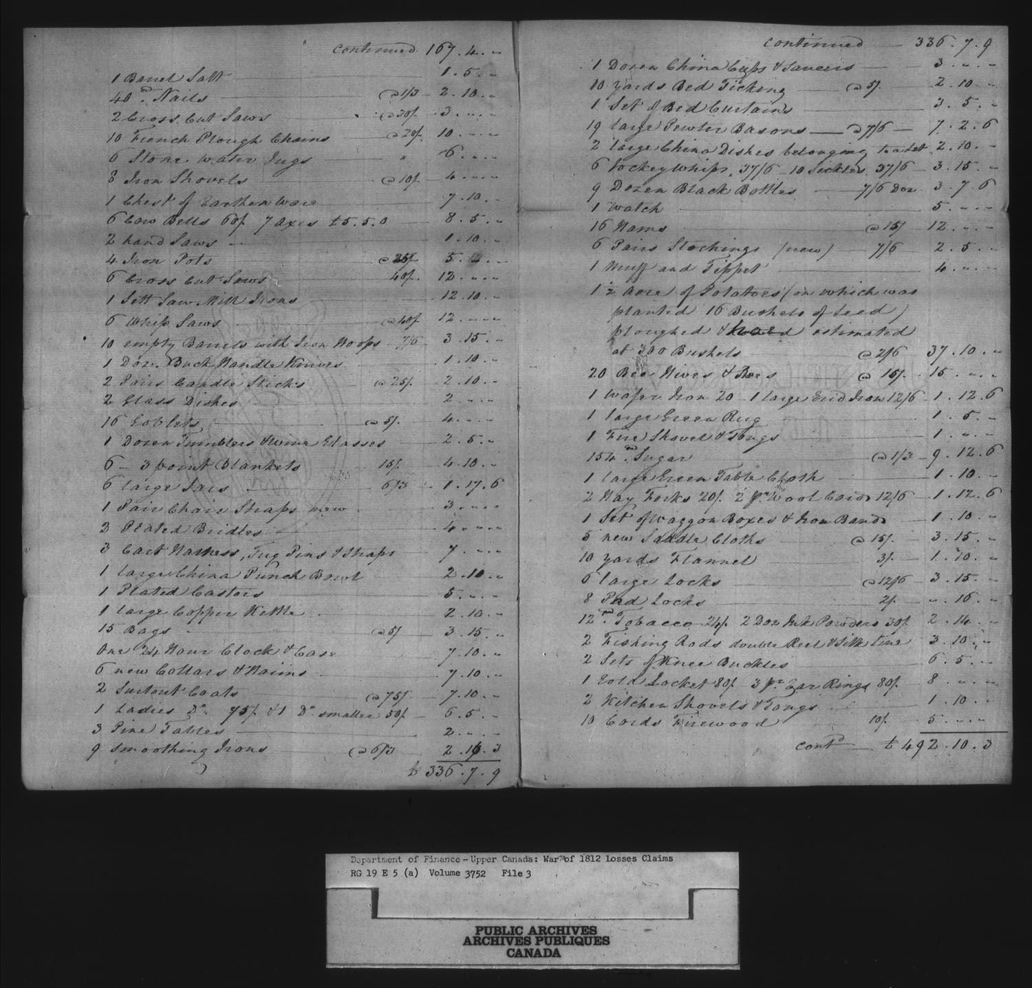 Titre : Guerre de 1812 : Commission des rclamations pour pertes subies, 1813-1848, RG 19 E5A - N d'enregistrement Mikan : 163603 - Microforme : t-1134