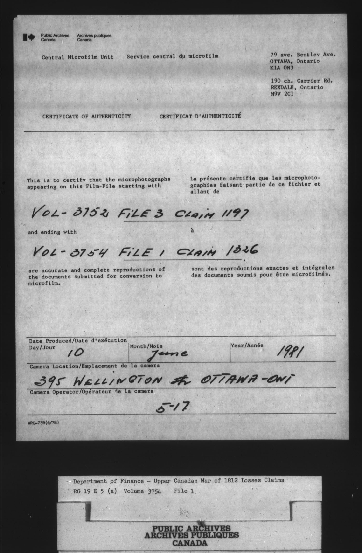 Title: War of 1812: Board of Claims for Losses, 1813-1848, RG 19 E5A - Mikan Number: 139215 - Microform: t-1135