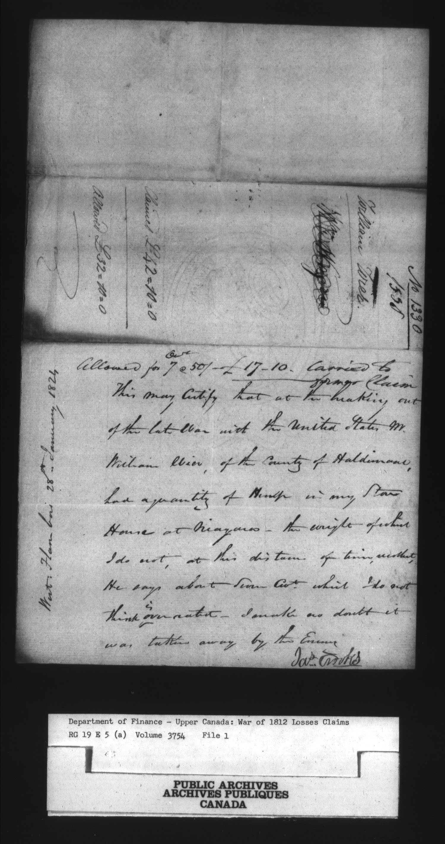 Title: War of 1812: Board of Claims for Losses, 1813-1848, RG 19 E5A - Mikan Number: 139215 - Microform: t-1136