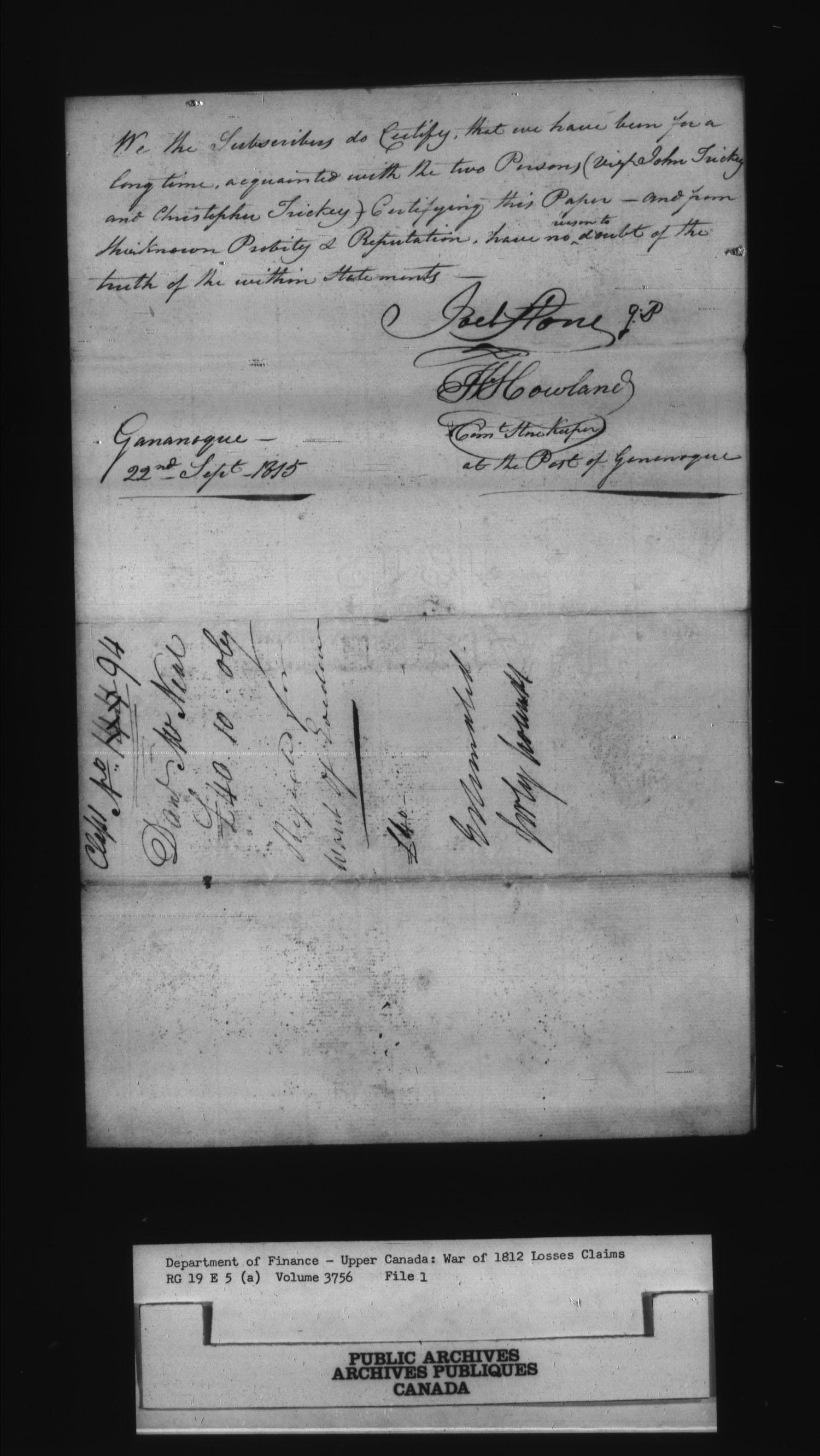 Title: War of 1812: Board of Claims for Losses, 1813-1848, RG 19 E5A - Mikan Number: 139215 - Microform: t-1137