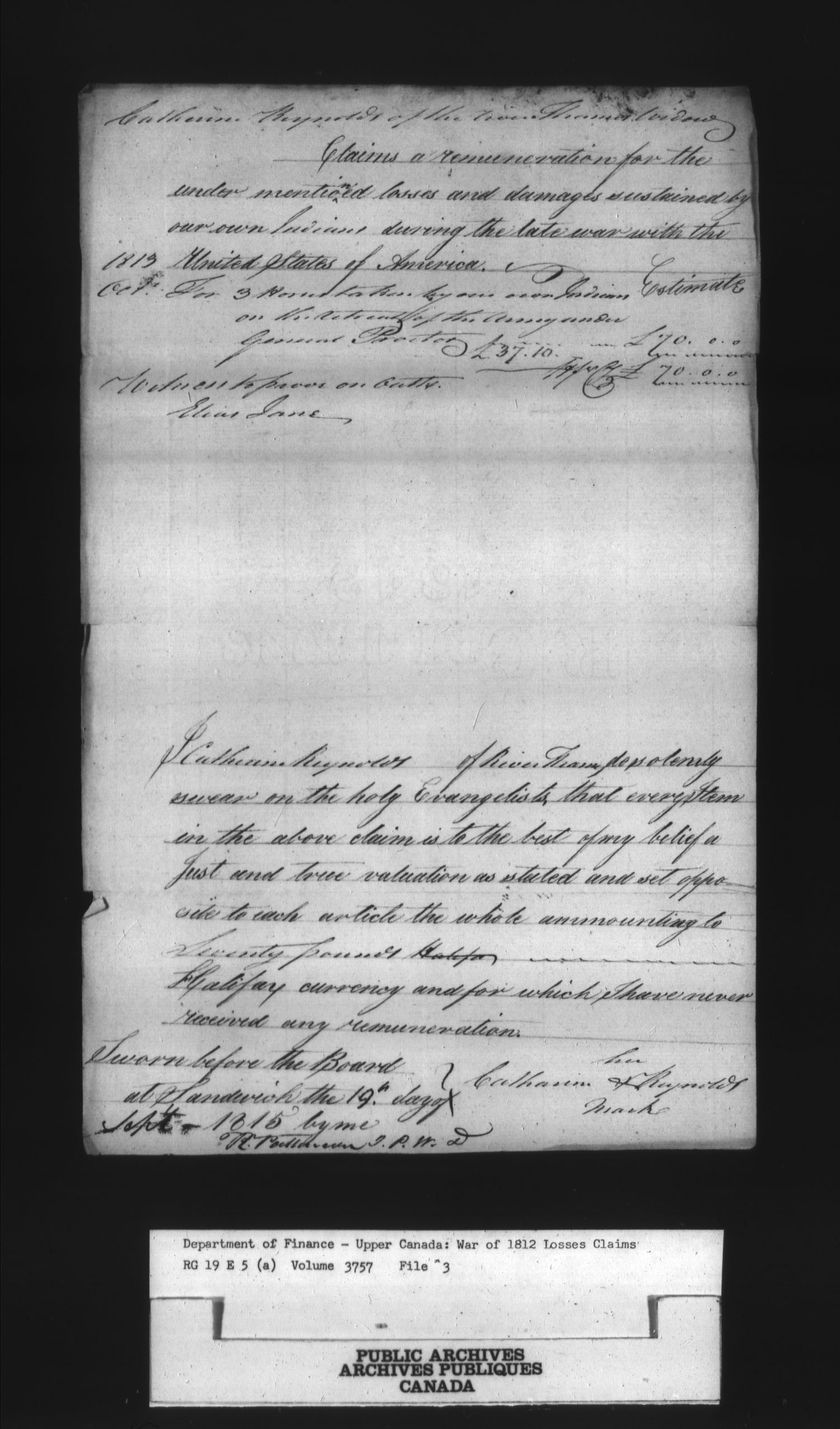 Titre : Guerre de 1812 : Commission des rclamations pour pertes subies, 1813-1848, RG 19 E5A - N d'enregistrement Mikan : 163603 - Microforme : t-1138