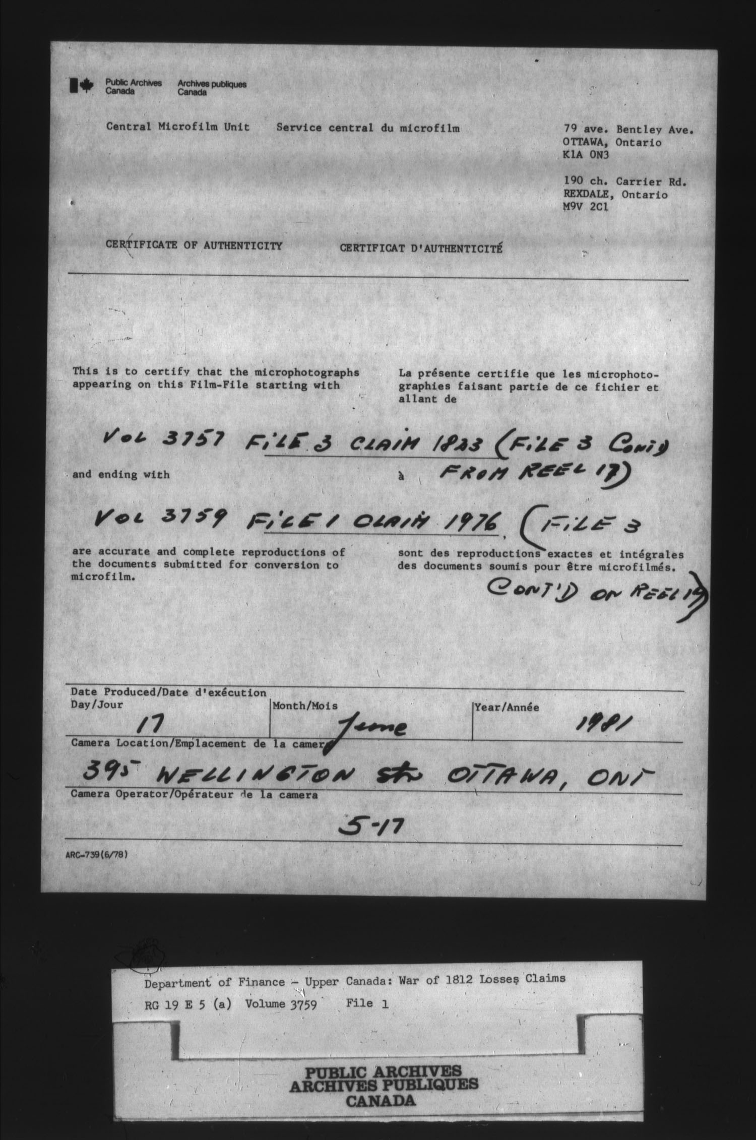 Title: War of 1812: Board of Claims for Losses, 1813-1848, RG 19 E5A - Mikan Number: 139215 - Microform: t-1139
