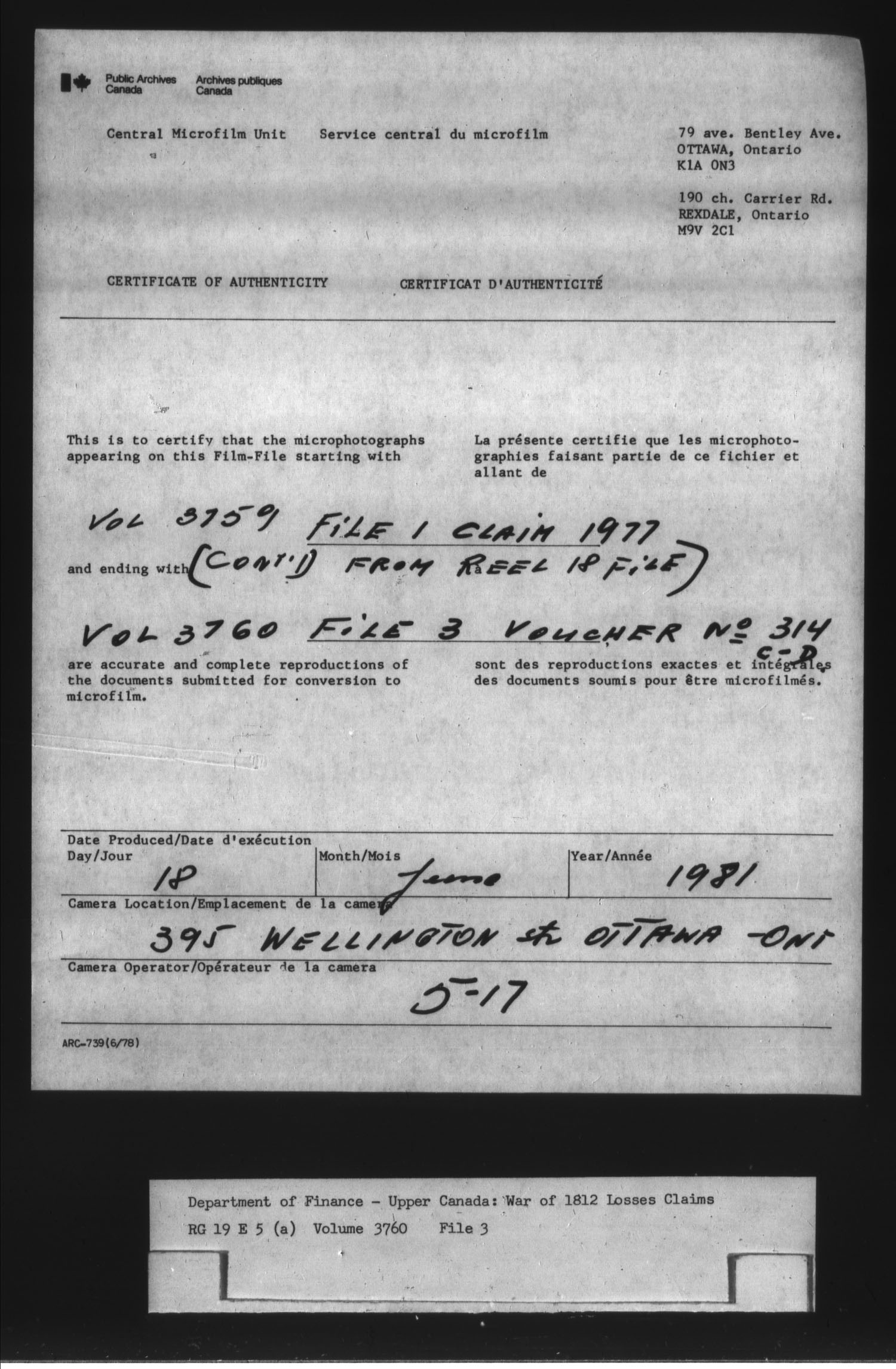 Title: War of 1812: Board of Claims for Losses, 1813-1848, RG 19 E5A - Mikan Number: 139215 - Microform: t-1140