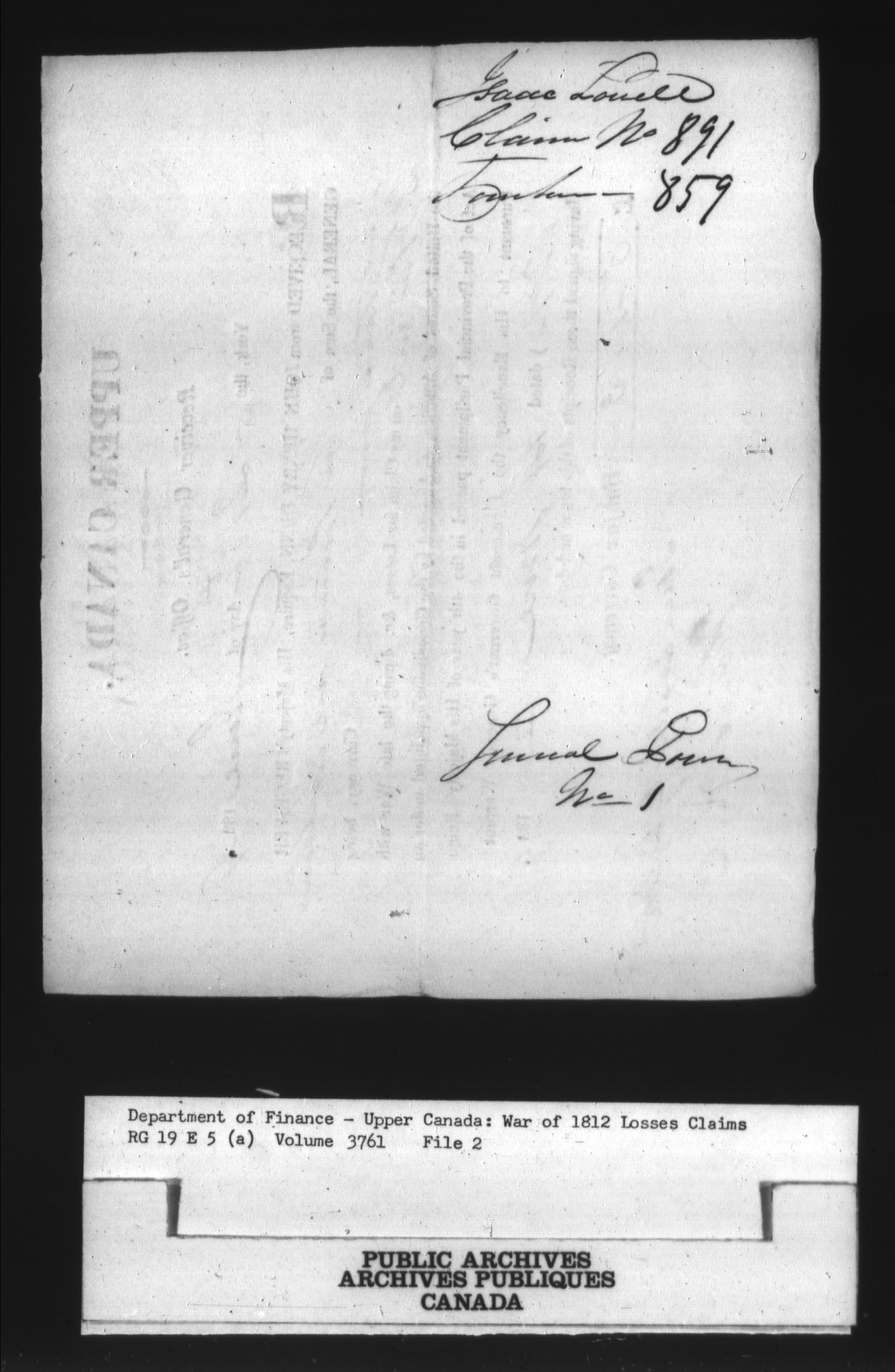 Title: War of 1812: Board of Claims for Losses, 1813-1848, RG 19 E5A - Mikan Number: 139215 - Microform: t-1141