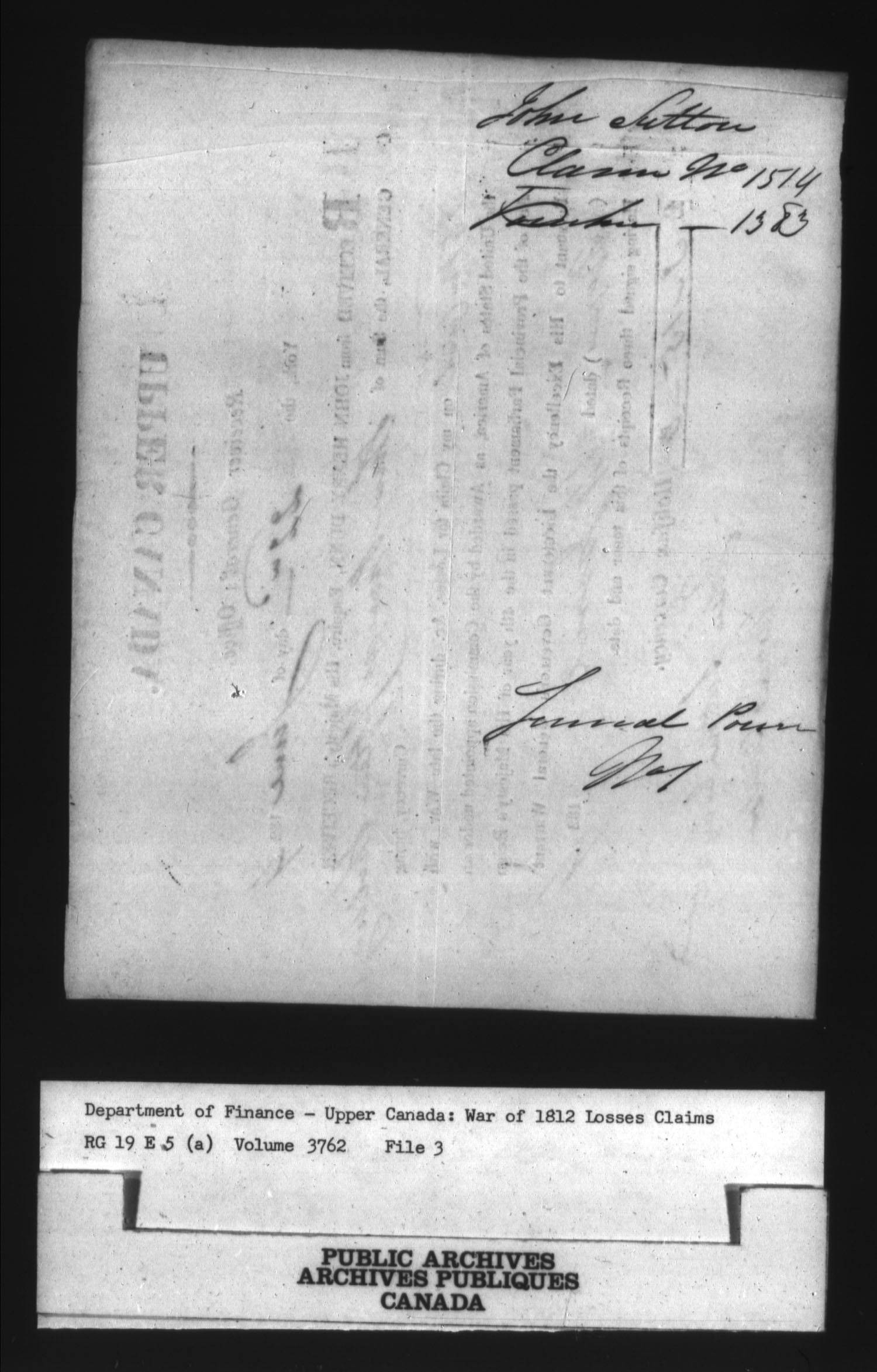 Titre : Guerre de 1812 : Commission des rclamations pour pertes subies, 1813-1848, RG 19 E5A - N d'enregistrement Mikan : 163603 - Microforme : t-1142