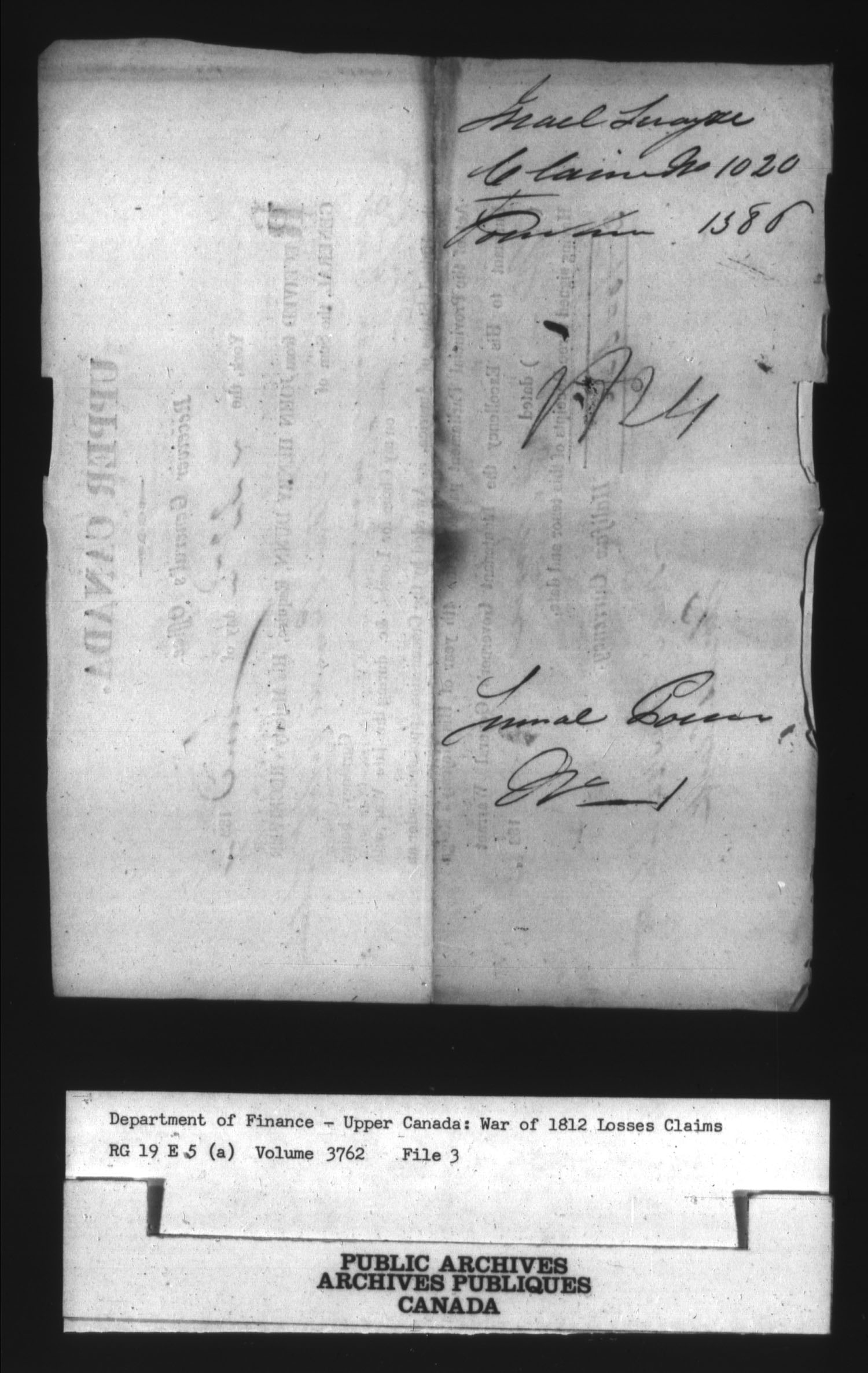 Title: War of 1812: Board of Claims for Losses, 1813-1848, RG 19 E5A - Mikan Number: 139215 - Microform: t-1142