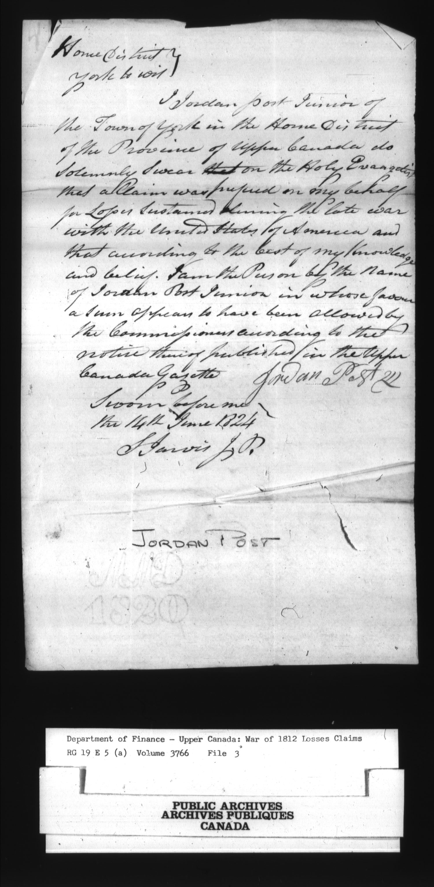 Title: War of 1812: Board of Claims for Losses, 1813-1848, RG 19 E5A - Mikan Number: 139215 - Microform: t-1143