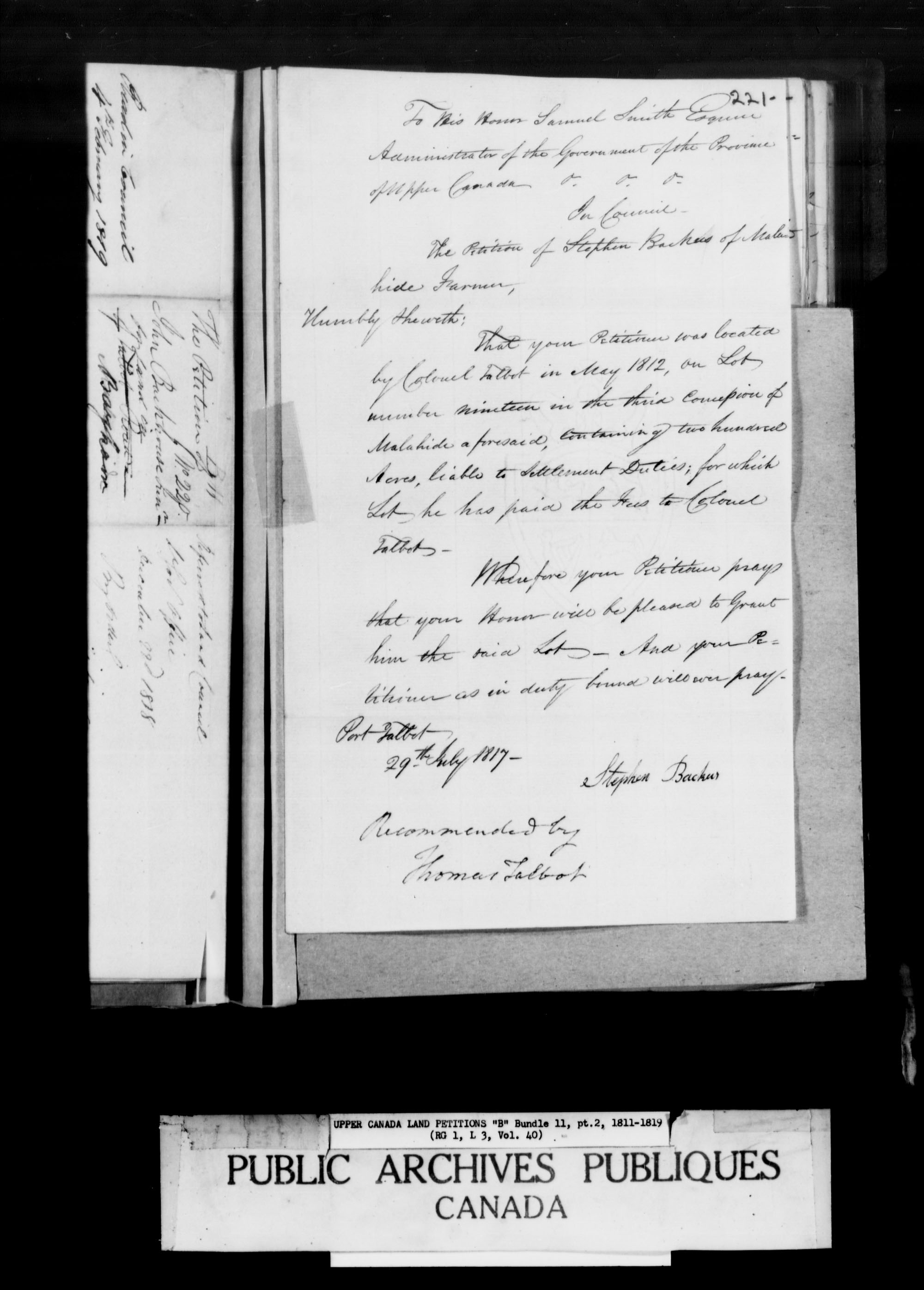 Title: Upper Canada Land Petitions (1763-1865) - Mikan Number: 205131 - Microform: c-1624