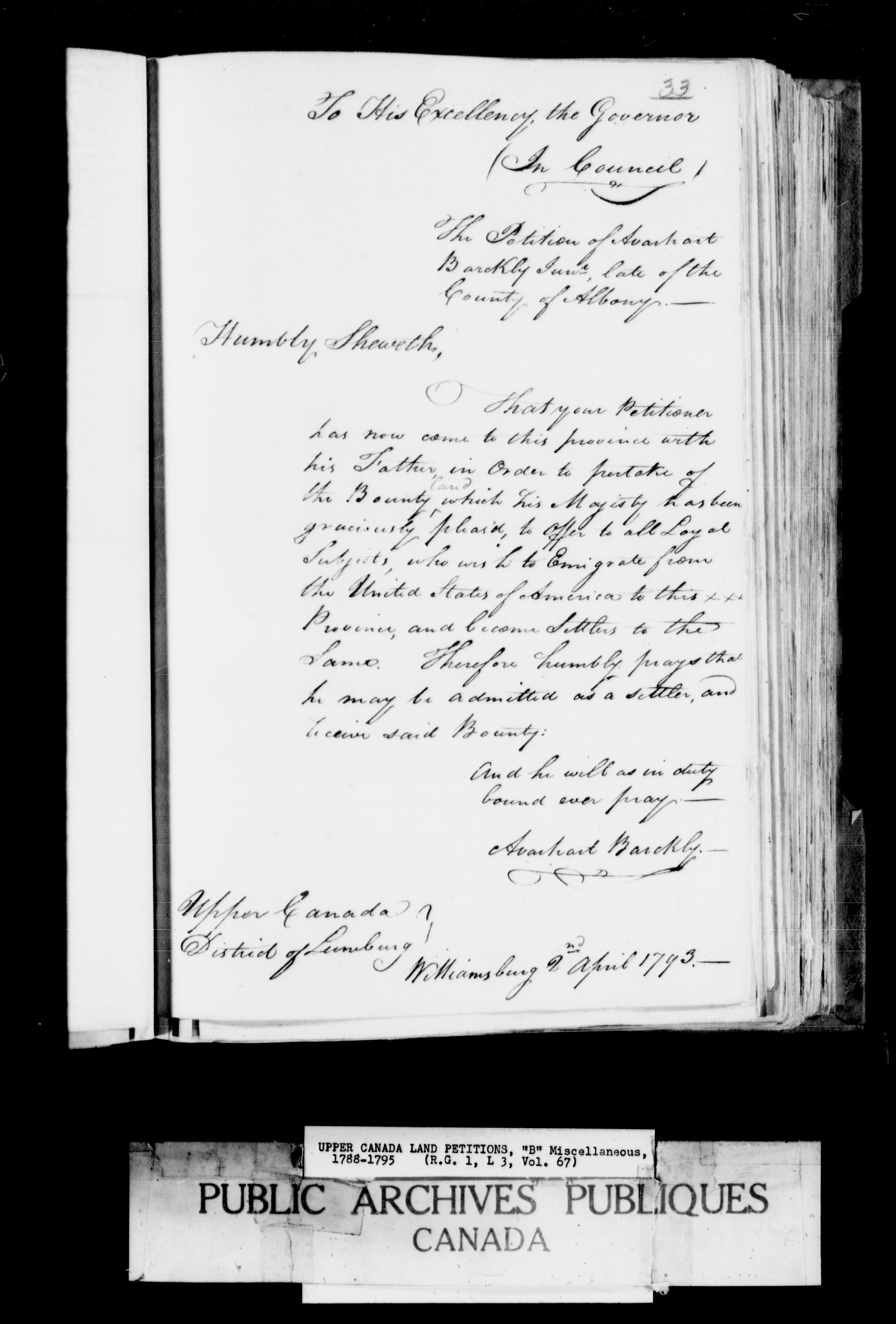 Titre : Demandes de terres du Haut-Canada (1763-1865) - N d'enregistrement Mikan : 205131 - Microforme : c-1635