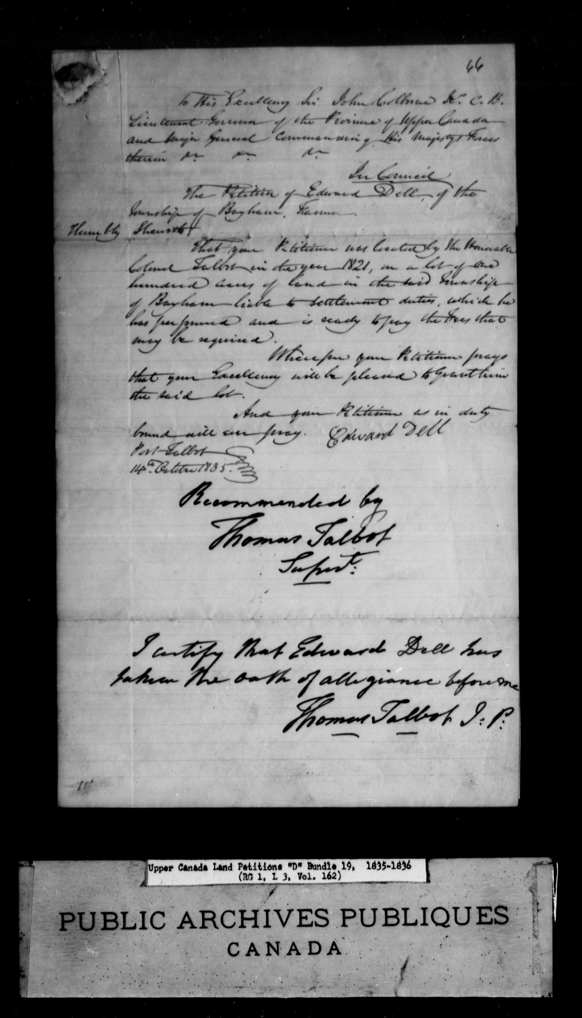 Title: Upper Canada Land Petitions (1763-1865) - Mikan Number: 205131 - Microform: c-1878