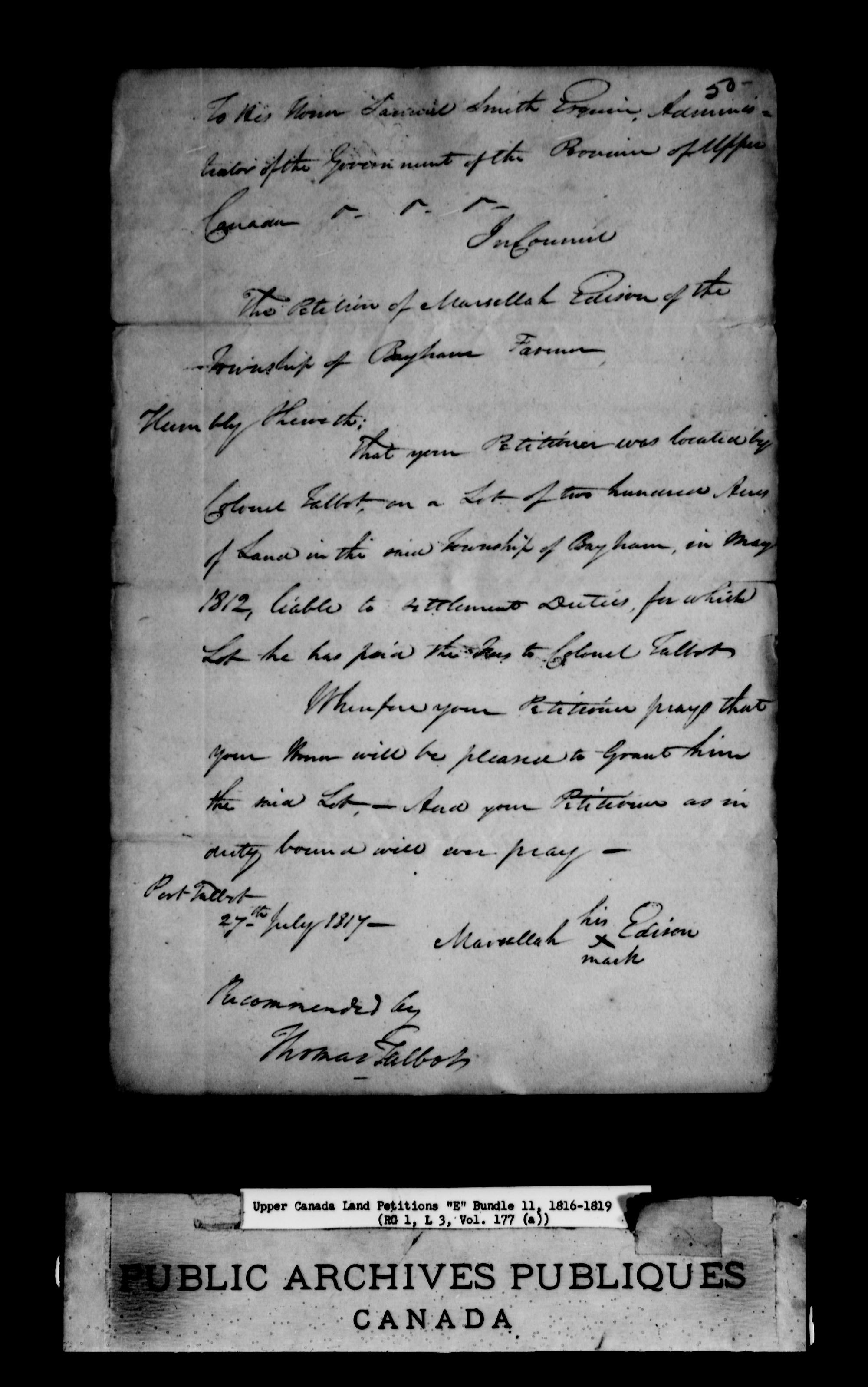 Title: Upper Canada Land Petitions (1763-1865) - Mikan Number: 205131 - Microform: c-1888